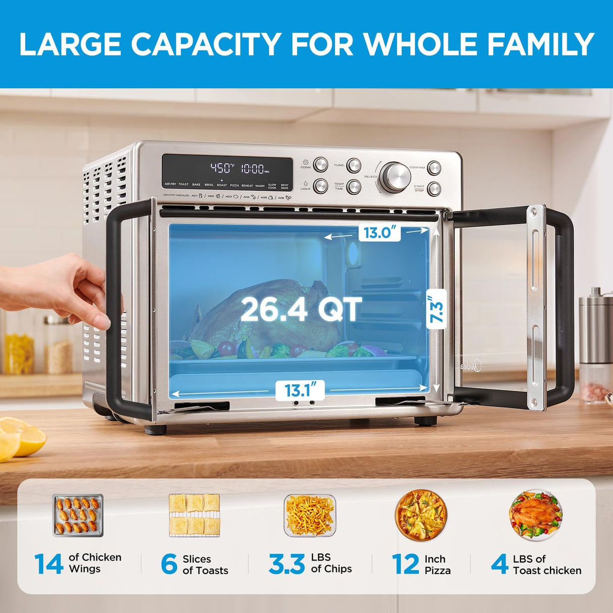 Midea Flexify French Door Toaster Oven Air Fryer Combo, 26.4 QT, Extra Large Air Fryer Countertop Oven 10-in-1 Combo, 25% Faster Cooking and 90% Less Oil, Stainless Steel Midea