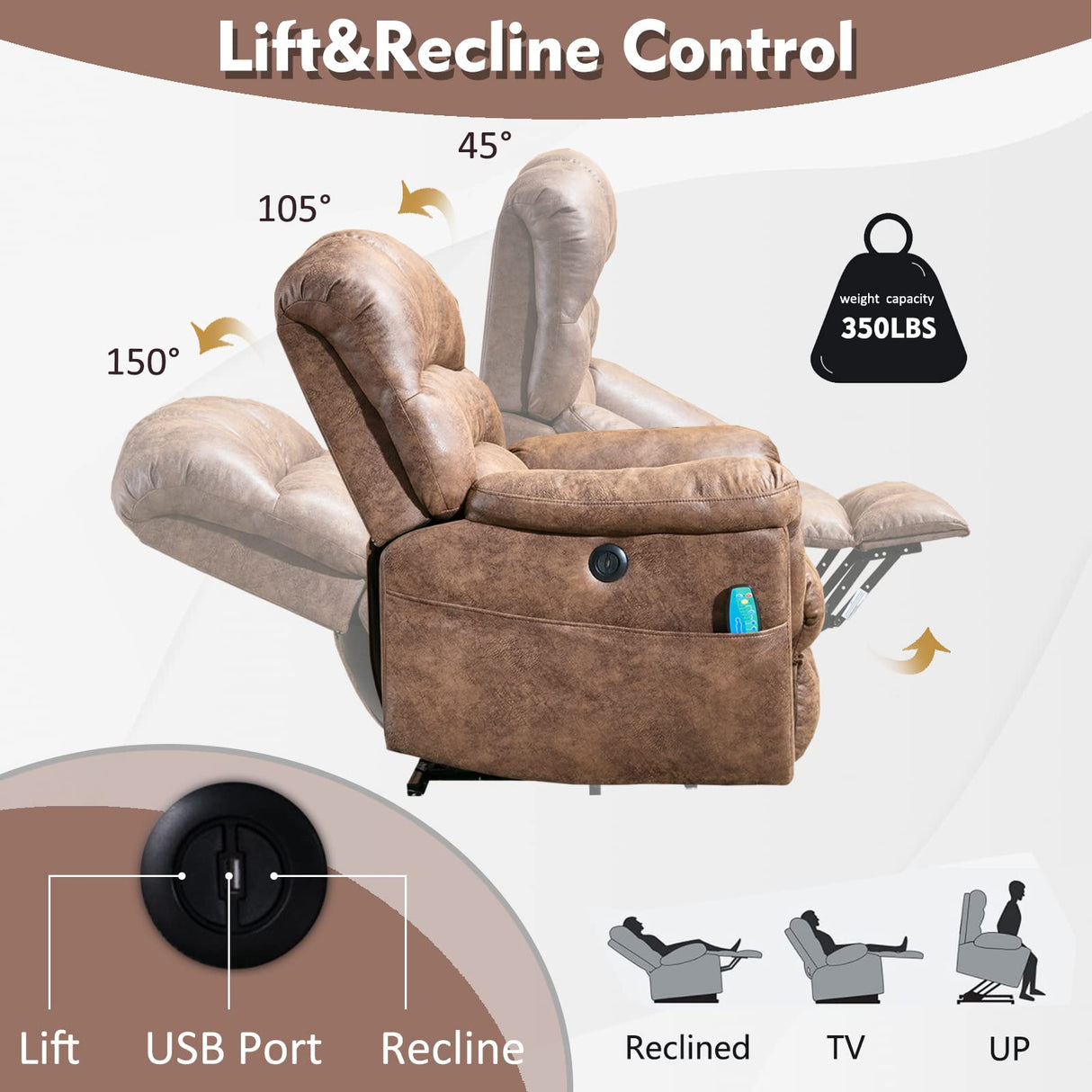 CANMOV Large Power Lift Recliner Chairs with Massage and Heat for Elderly Big People, Heavy Duty Electric Faux Leather Reclining Chairs with USB Port and 2 Side Pockets, Brown CANMOV
