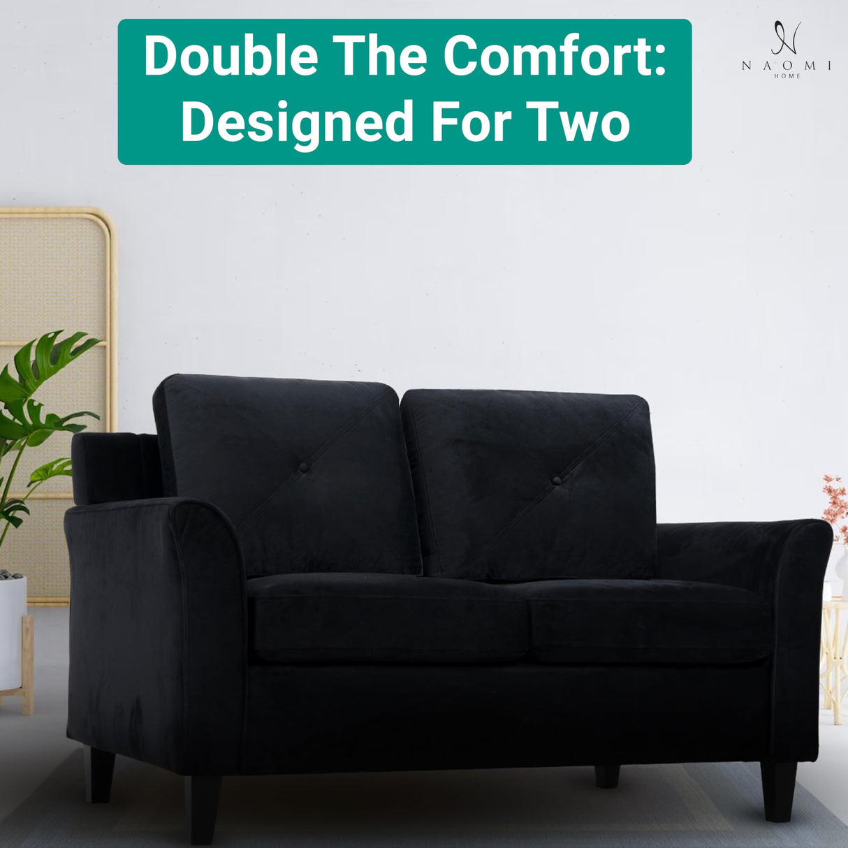 Raelynn Button Tufted Loveseat Affordable Black Loveseat for Budget-Conscious Buyers Microfiber Couch for Small Spaces Durable Sturdy Living Room Furniture Tool-Free Assembly and Easy Maintenance Naomi Home