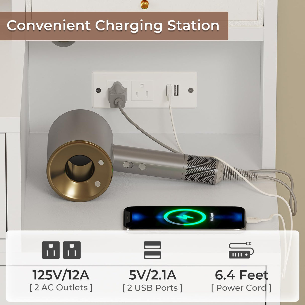 BTHFST Makeup Vanity with Charging Station & 3-Layer Jewelry Box, Vanity Desk with Sliding Mirror and Lights, Vanity Table with 8 Necklace Hooks & 5 Drawers & Shelves, White BTHFST