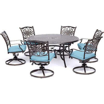 Hanover Traditions 7-Piece Patio Dining Set with 60" Round Cast-Top Table and Swivel Rockers with Blue Cushions, Patio Dining Set for 6, Premium Weather Resistant Outdoor Dining Set