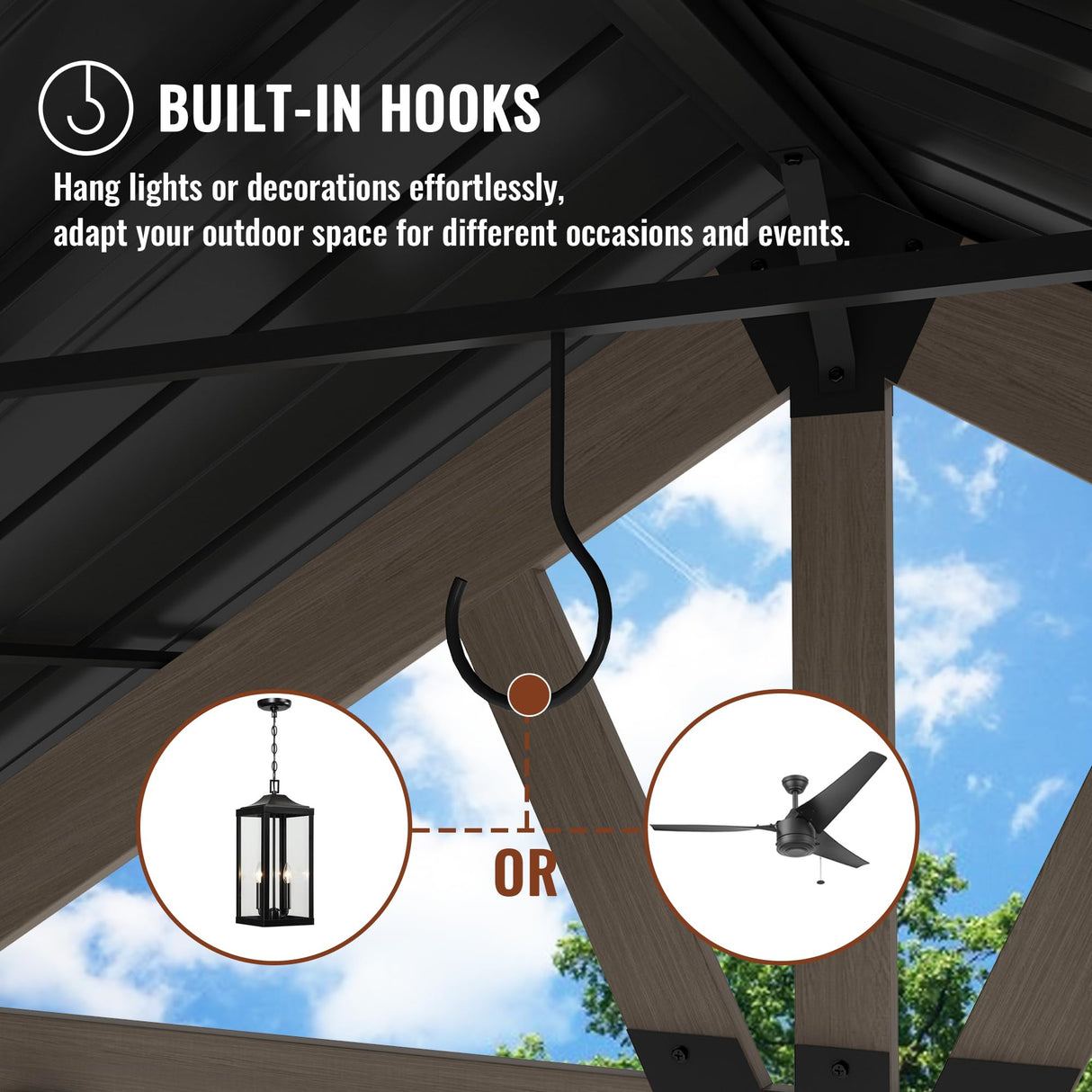 MONDAWE 10 x 12 ft. Wood Gazebo Cedar Framed Wooden Gazebo Patio Steel Hardtop Gazebo with Galvanized Steel Gable Hardtop Roof for Patio Lawn Backyard, Black Roof + Dark Wood Frame MONDAWE