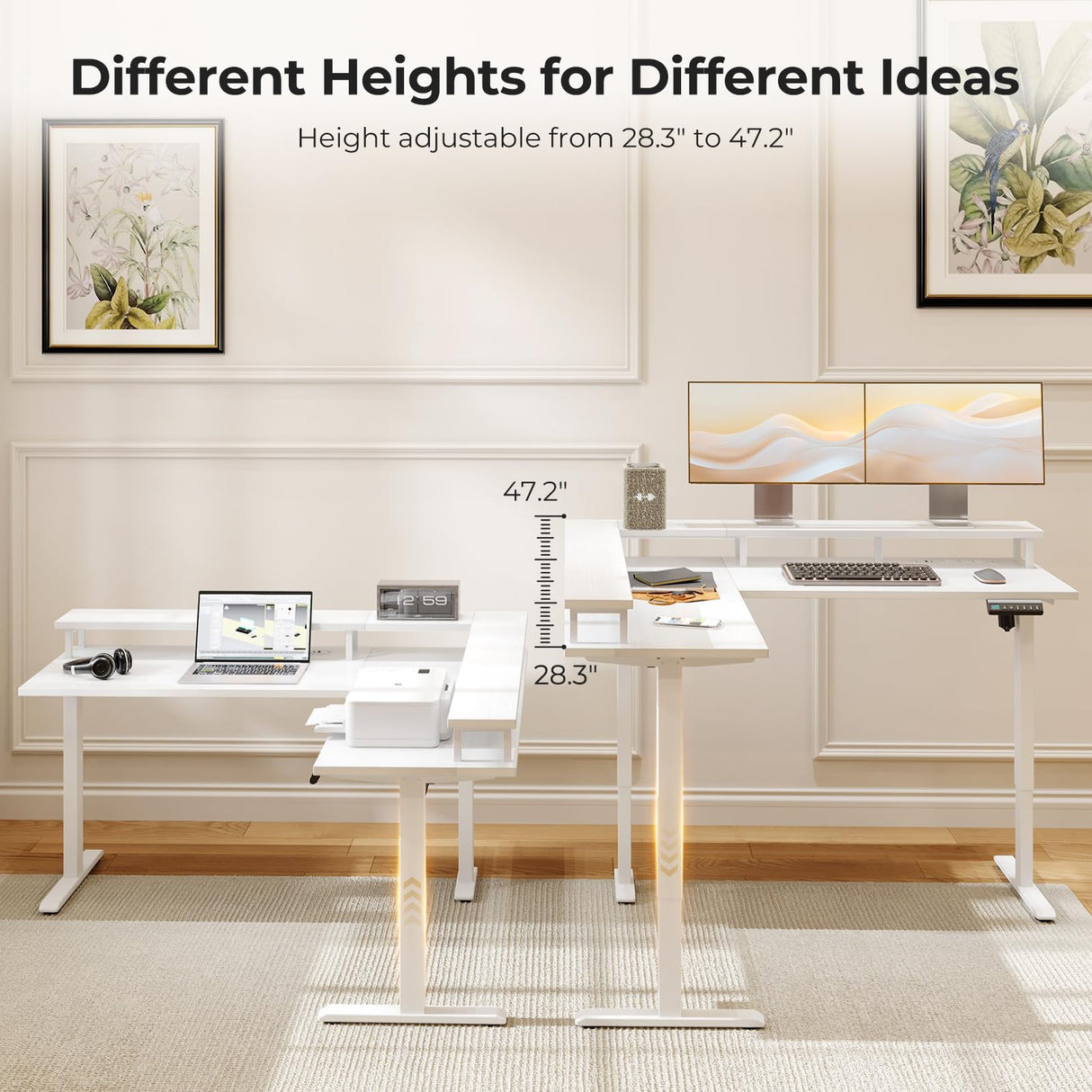 AODK Electric L Shaped Standing Desk, 59 Inch Height Adjustable Stand Up Desk with Power Outlets & Full Monitor Stand, Reversible Corner Desk for Home Office & Computer Workstation, White AODK