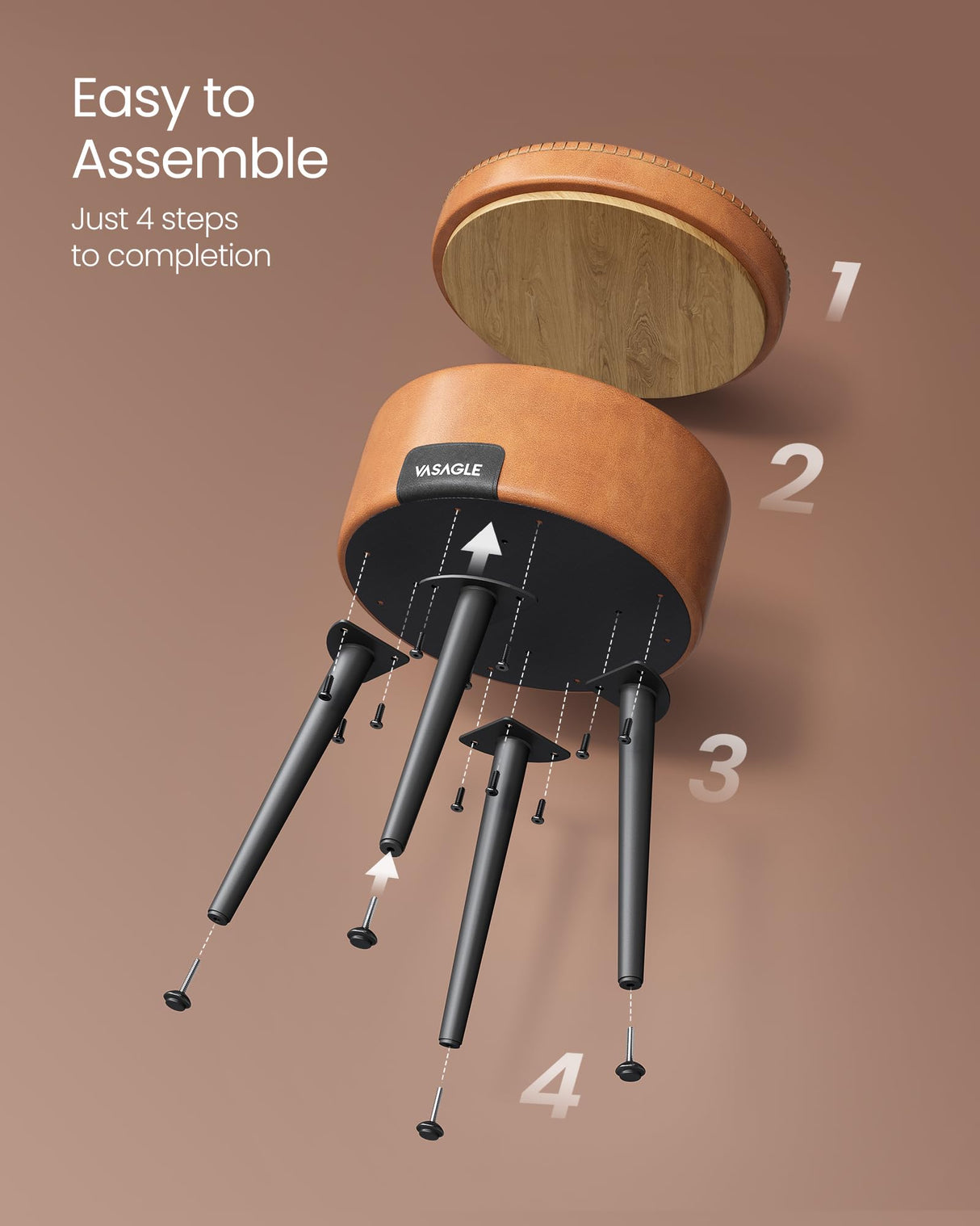 VASAGLE EKHO Collection - Storage Ottoman, Vanity Chair Stool, Synthetic Leather with Stitching, Mid-Century Modern, Round Storage Seat with Steel Legs, Loads 330 lb, Caramel Brown ULOM005K01 VASAGLE