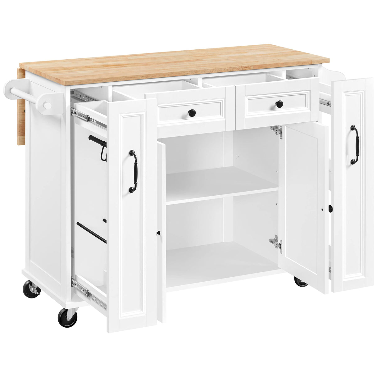 Yaheetech 52"W Kitchen Island with Drop-Leaf Breakfast Bar and 2 Pull-outs, Kitchen Cart on Lockable Wheels with Rubberwood Top & 2 Drawers & Adjustable Shelves, Storage Cabinet for Dining Room, White Yaheetech