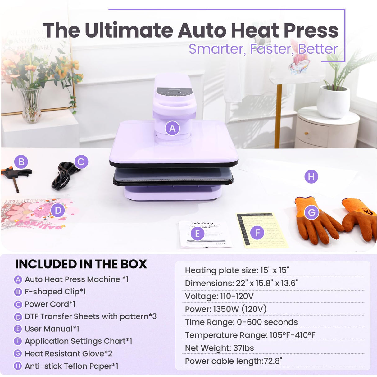 Whubefy 360° Swivel Auto Heat Press 15x15 - Professional Automatic Shirt Press Machine with Auto Release & 7-Level Auto Pressure - Swing Away Large Pro Heat Press Machine for T Shirts Hoodie HTV Vinyl Whubefy