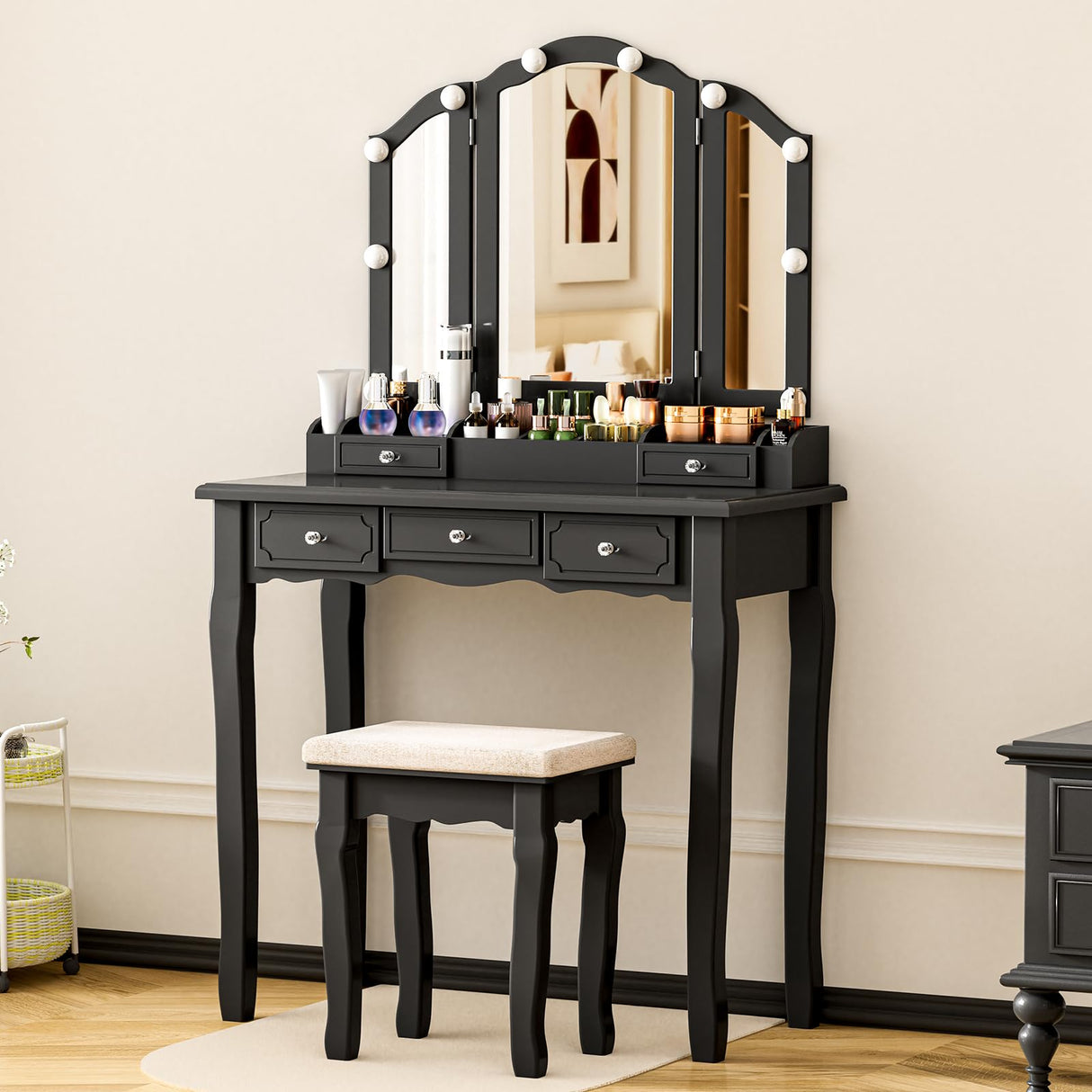 SAYMA Vanity Desk with LED Light and Mirrors, Makeup Table Set with 5 Sliding Drawers & 2 Shelves, 3 Color Lighting Modes and Soft Cushioned Stool for Bedroom, Bathroom (Black) SAYMA