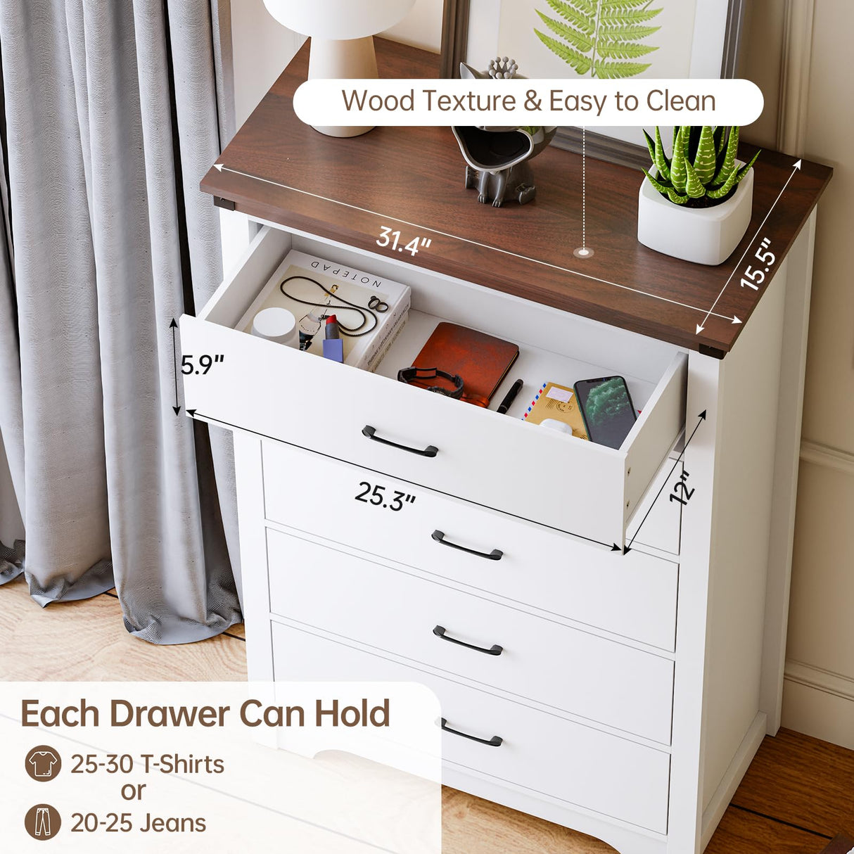 Airynee Farmhouse 5 Drawer Dresser for Bedroom, 47" Tall Chest of Drawers, Wood White Dresser with Deep Drawers, Storage Dressers Organizer for Bedroom, Living Room, Hallay, White Airynee