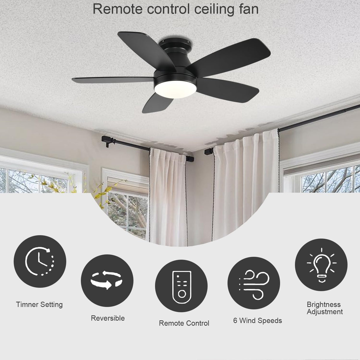 JSAITEE Ceiling Fans with Lights, 42 Inch Low Profile Ceiling Fan with Light and Remote/App Control, Flush Mount, Reversible, 3CCT, Dimmable, Noiseless, Black Ceiling Fan for Indoor/Outdoor Use JSAITEE