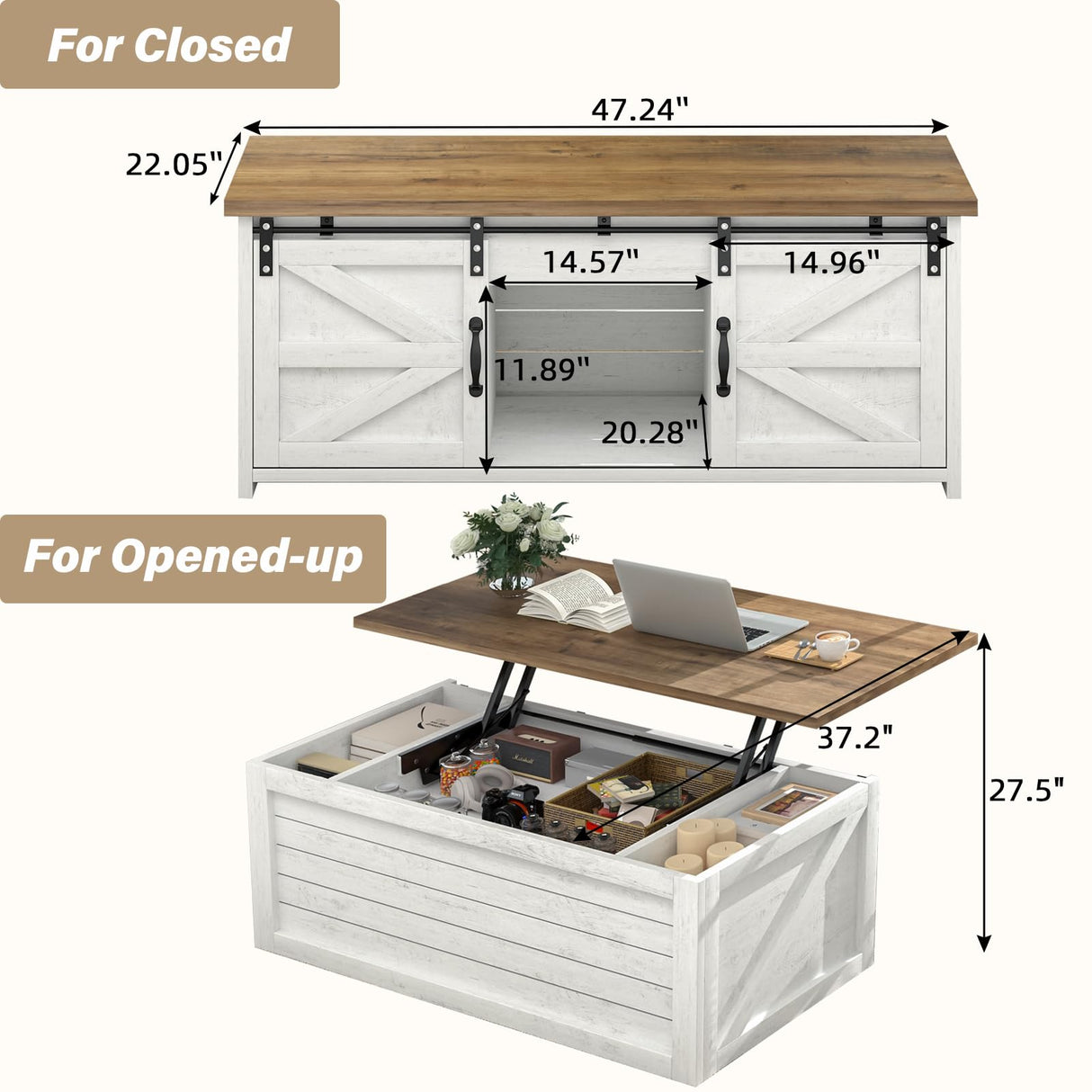 REVOMINCA Farmhouse Lift Top Coffee Table, 48" Large Coffee Table for Living Room, Wood Center Table with Hidden Storage Compartment and Sliding Barn Doors, White REVOMINCA