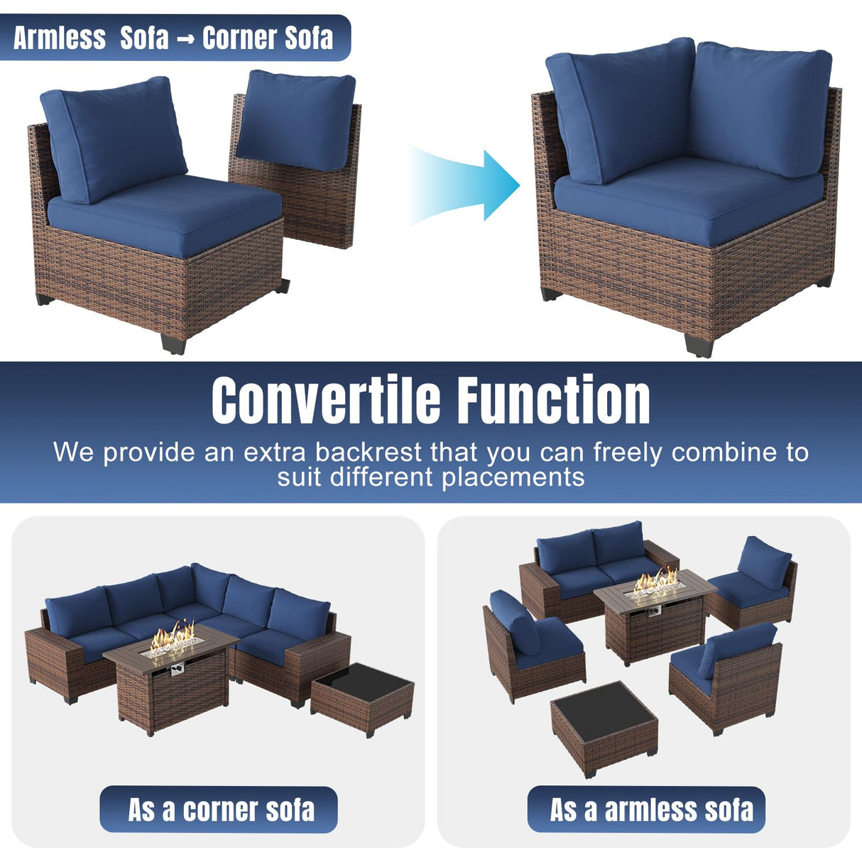 Aoxun 7 Pieces Patio Furniture Set with 44” Fire Pit Table Wicker Rattan Outdoor Sectional Conversation Set with Coffee Table and 4” Thickened Cushions, Blue(Waterproof Cover Included) Aoxun