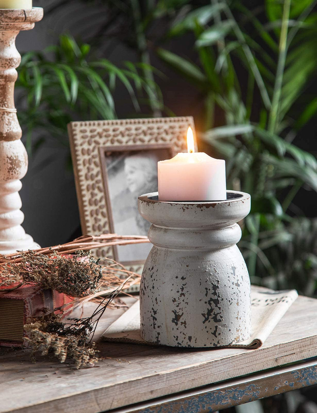 SOFE Rustic Candle Holder for Pillar Candle, Vintage White Wooden Pillar Candle Holder, Farmhouse Antique Candlestick Holder for Dining Table, Coffee Table Centerpiece (4.9" x 4.9" x 6.1") SOFE