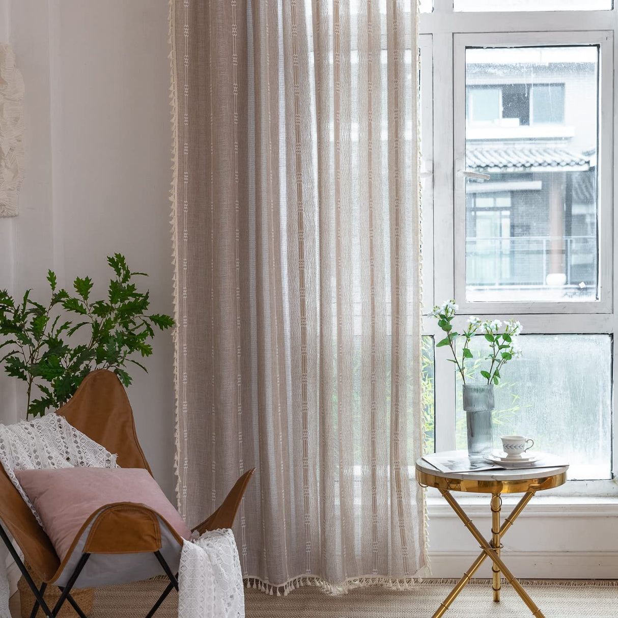 Linen Curtains 108 Inches Long for Living Room 2 Panels Set, Embroidery Farmhouse Curtains Tassel Boho Curtains for Bedroom Light Filtering Window Curtains Rod Pocket Drapes (52" W x 108" L,Khaki) BCLBUSTE