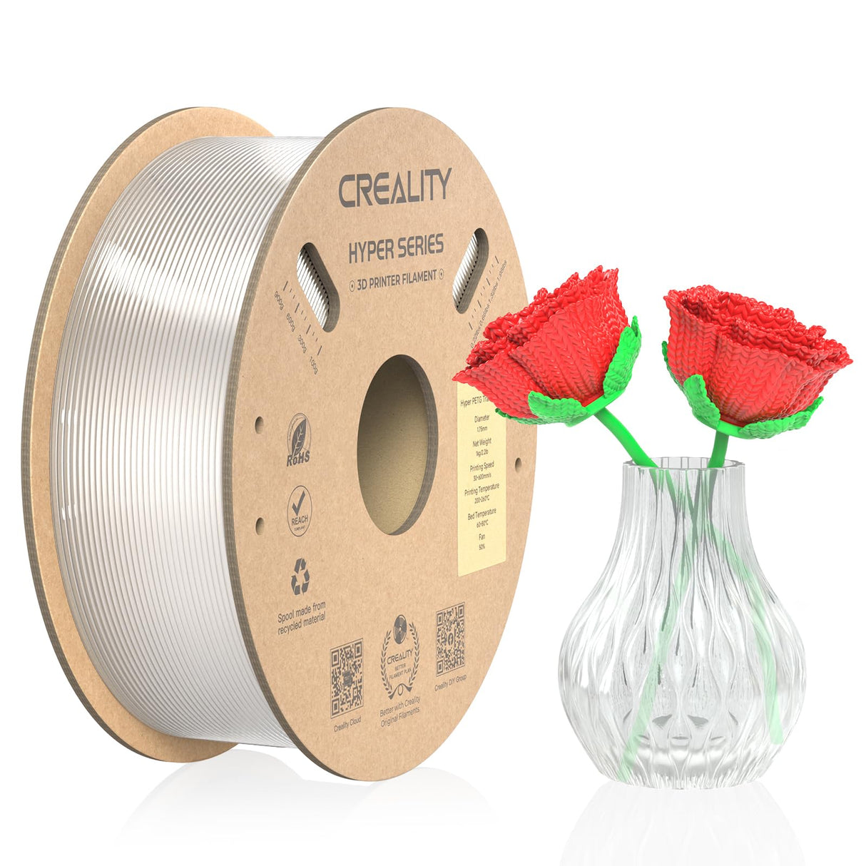 Creality PETG Filament 1.75mm, Hyper PETG Filament High Speed 30-600mm/s High Toughness Chemical Resistance 3D Printer Filament, 1KG Cardboard Spool(2.2lbs) Fit Most 3D Printers (Clear) Creality
