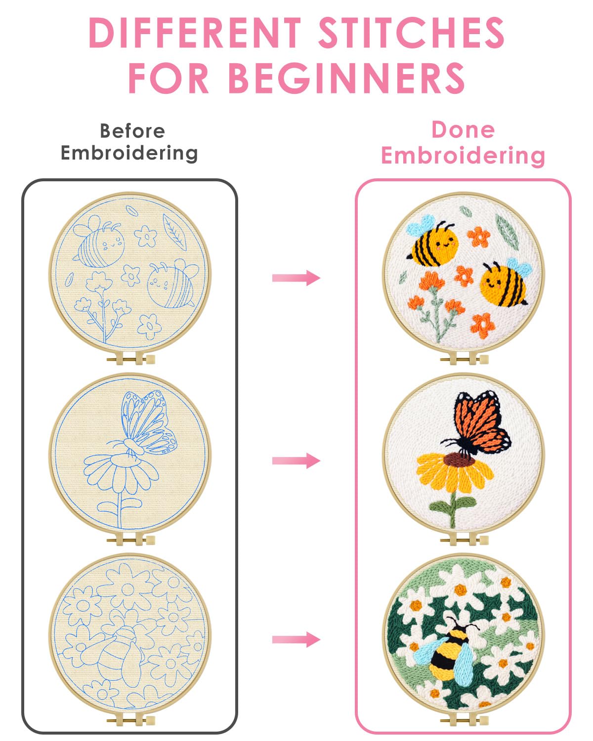 TINDTOP 3 Sets Punch Needle Kits, Flowers Punch Embroidery Kits for Adults Beginner, Tool with Punch Needle Fabric, Hoops, Yarns and Sewing Needles TINDTOP