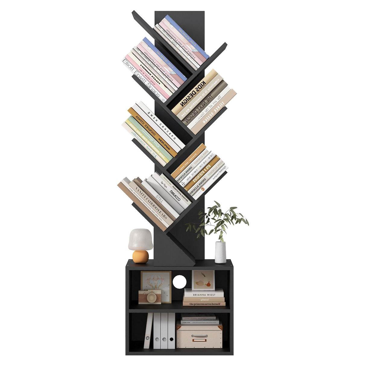 Azaeahom 6 Tier Tree Bookshelf, Wood Bookcase with Storage Cabinet, Modern Tall Narrow Bookshelves Organizer, Floor Standing Book Shelf for Bedroom/Living Room/Home Office/Corner (Black, 6 Tier) Azaeahom