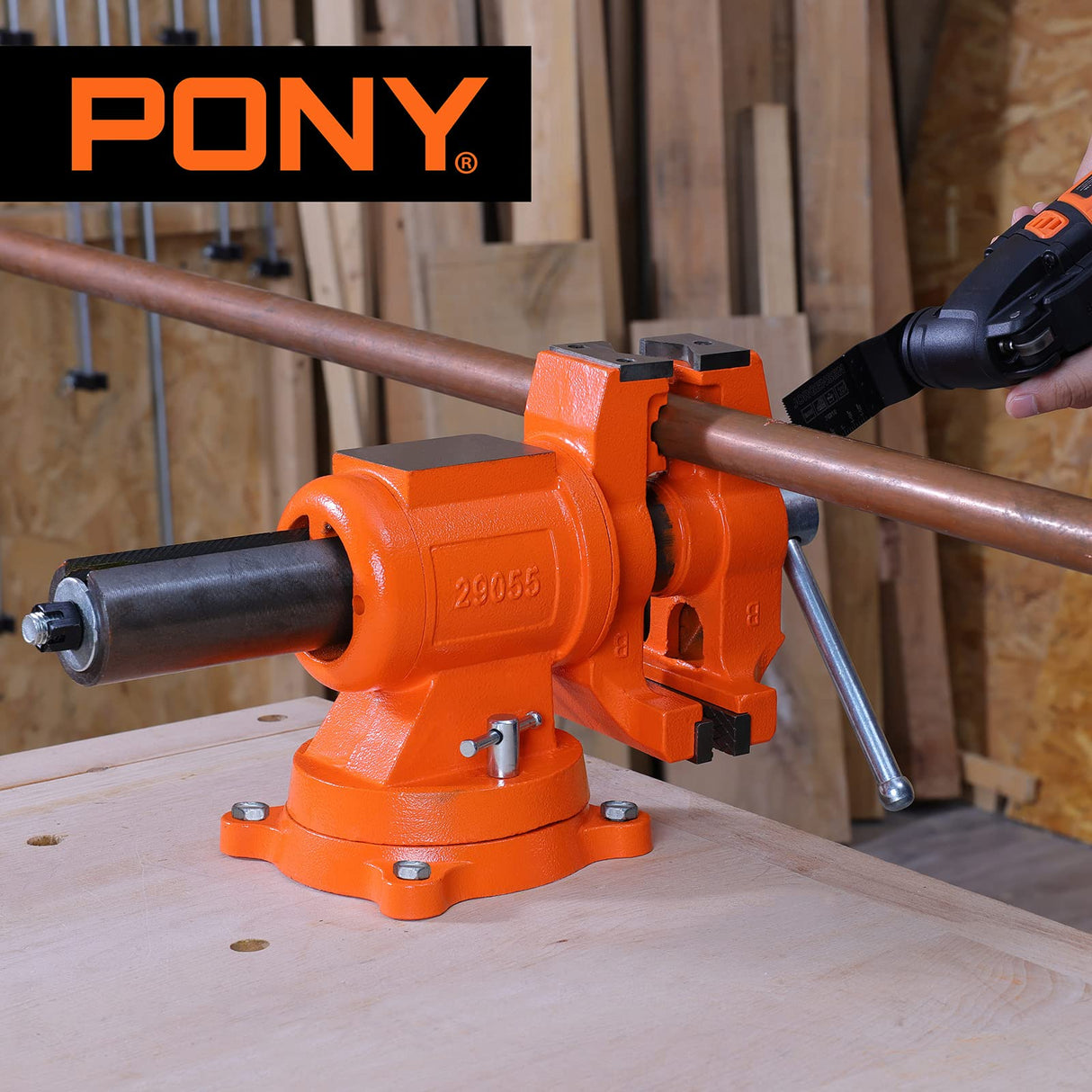 PONY Heavy Duty Bench Vise, 5-inch Jaw Width 5-inch Jaw Opening, 360-Degree Swivel Base with Anvil, Utility Combination Pipe Home Vise for Woodworking, One-Pair Vise Jaw Pad Included PONY
