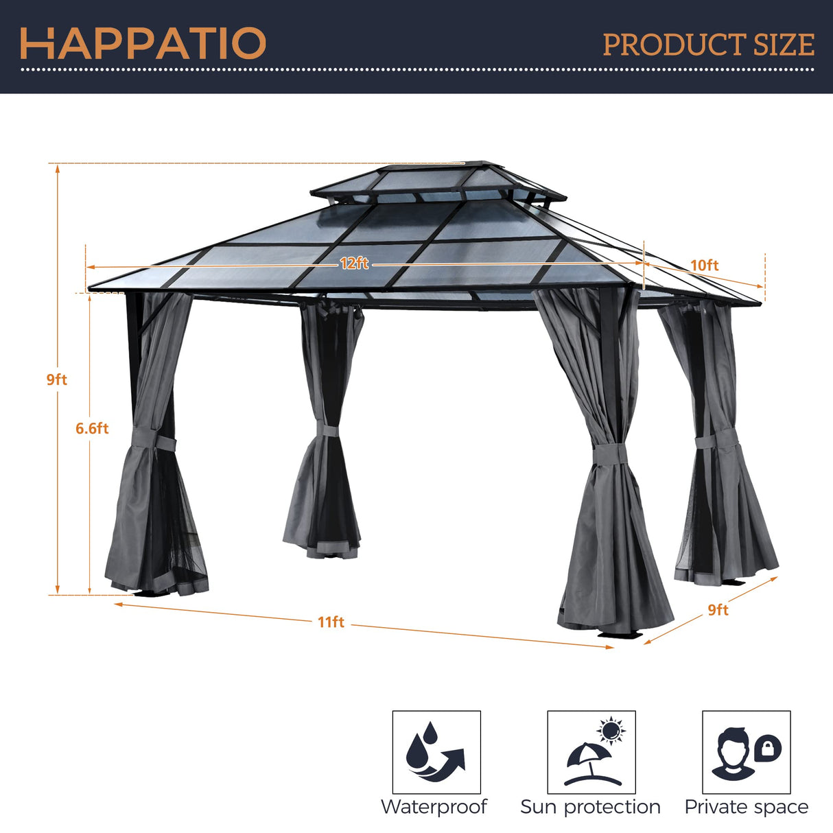 HAPPATIO 10'x 12' Hardtop Gazebo, Outdoor Polycarbonate Double Roof, Aluminum Furniture Gazebo Canopy with Netting and Curtains for Garden, Patio,Deck (Gray) HAPPATIO
