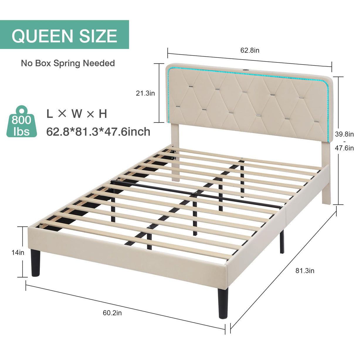 VECELO Upholstered Queen Bed Frame with Headboard Adjustable, Velvet Platform Bed with LED Lights, Charging Station, Mattress Foundation with Wooden Slats, Noise Free, No Box Spring Needed, Beige VECELO