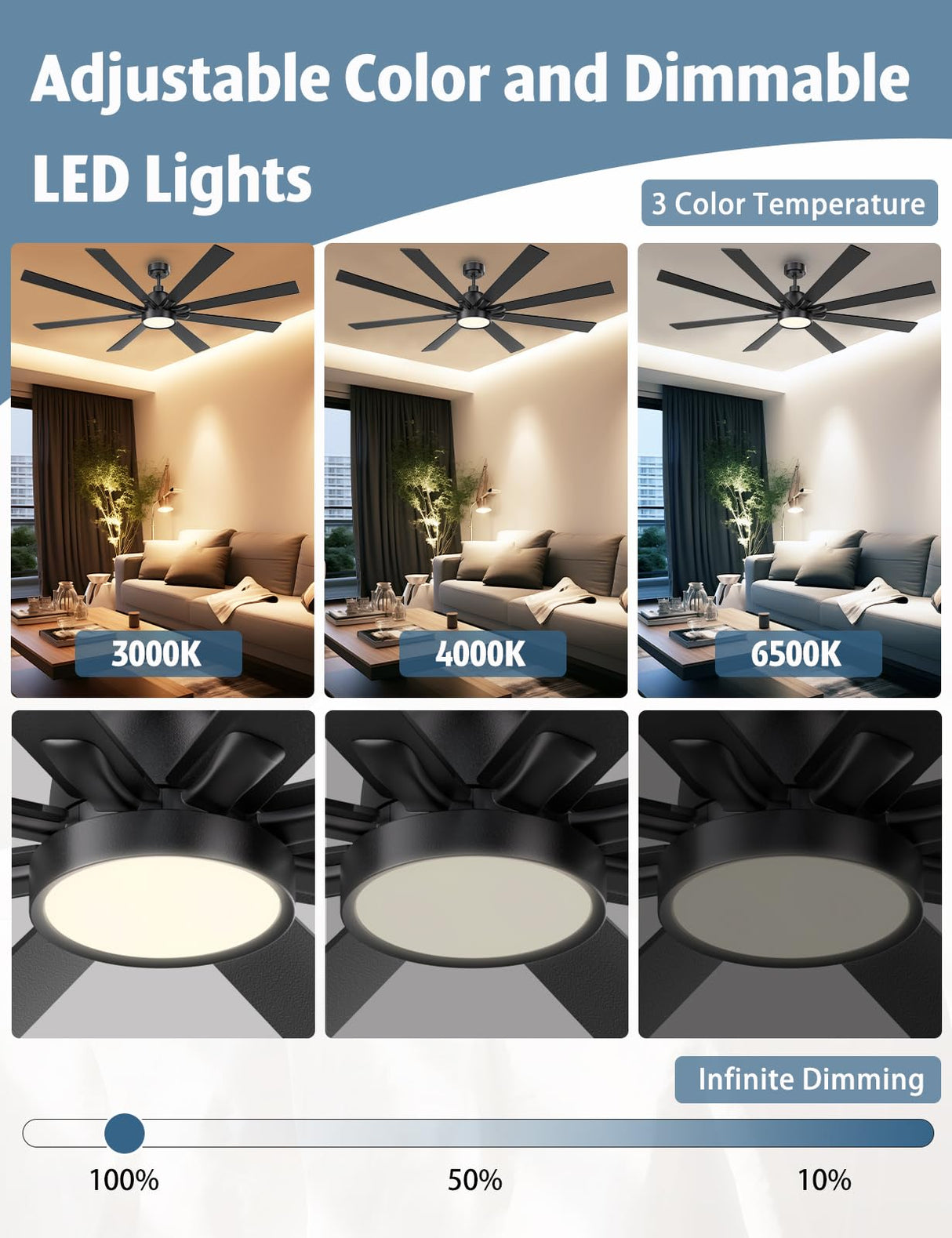 Autoday 72 Inch Large Ceiling Fans with Lights and Remote - Wood/Matte Black Ceiling Fan, Quiet DC Motor, 3 CCT, Modern Dimmable LED Lighting & Large Ceiling Fans for Living Room Patio, Indoor/Outdoor Autoday