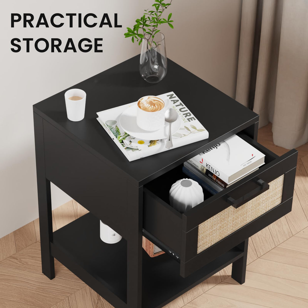 Derfullo Rattan Nightstand Set of 2 - Rattan Decor Drawer Night Stand Natural Wood Bedside Table Boho End Table Side Table with Storage Shelf Derfullo