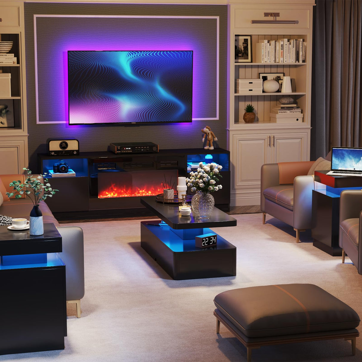 oneinmil Modern LED Coffee Table, 40" Living Room Tables with 16 Colors LED Lights, Double-Layer Design, Stylish Coffee Tables for Living Room, Black oneinmil