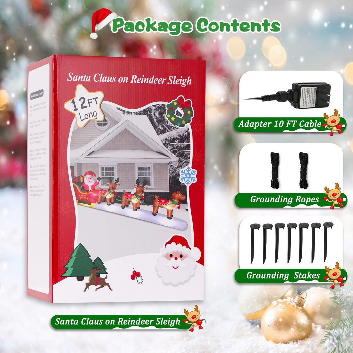 12 FT Christmas Inflatables Outdoor Decorations Santa Claus on Sleigh, Blow Up 3 Reindeers Pulling Santa's Sleigh with Gift Boxes, Built in LED Lights for Christmas Party Decor, Yard, Garden Lawn FunFanso