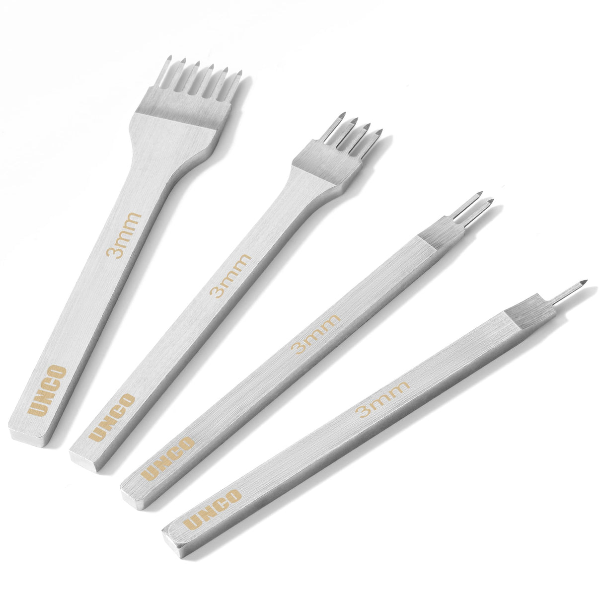 UNCO Leather Stitching Tool, 4 Pack, 3mm, 1/2/4/6 Prong, Chisel, Hole Punch UNCO