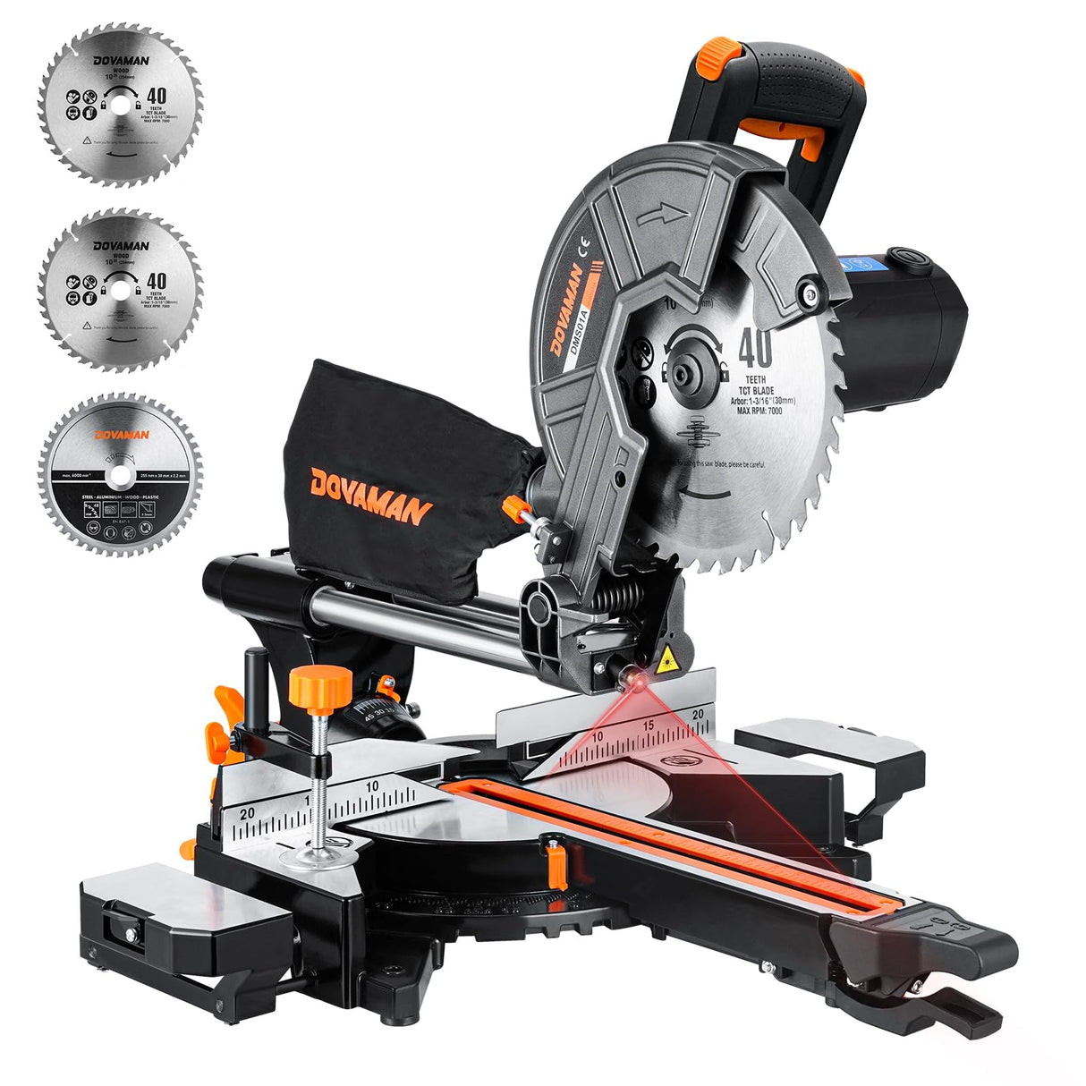 DOVAMAN 10in Sliding Miter Saw, Multi-use w/ 3 Blades, 15A Miter Saw, 4500/3200RPM, Ambidextrous Use, 0-45° Bevel Laser Cut, Max Cut 3.5x13.4in, 9 Positive Stops, for Cutting Wood, PVC or Soft Metal DOVAMAN