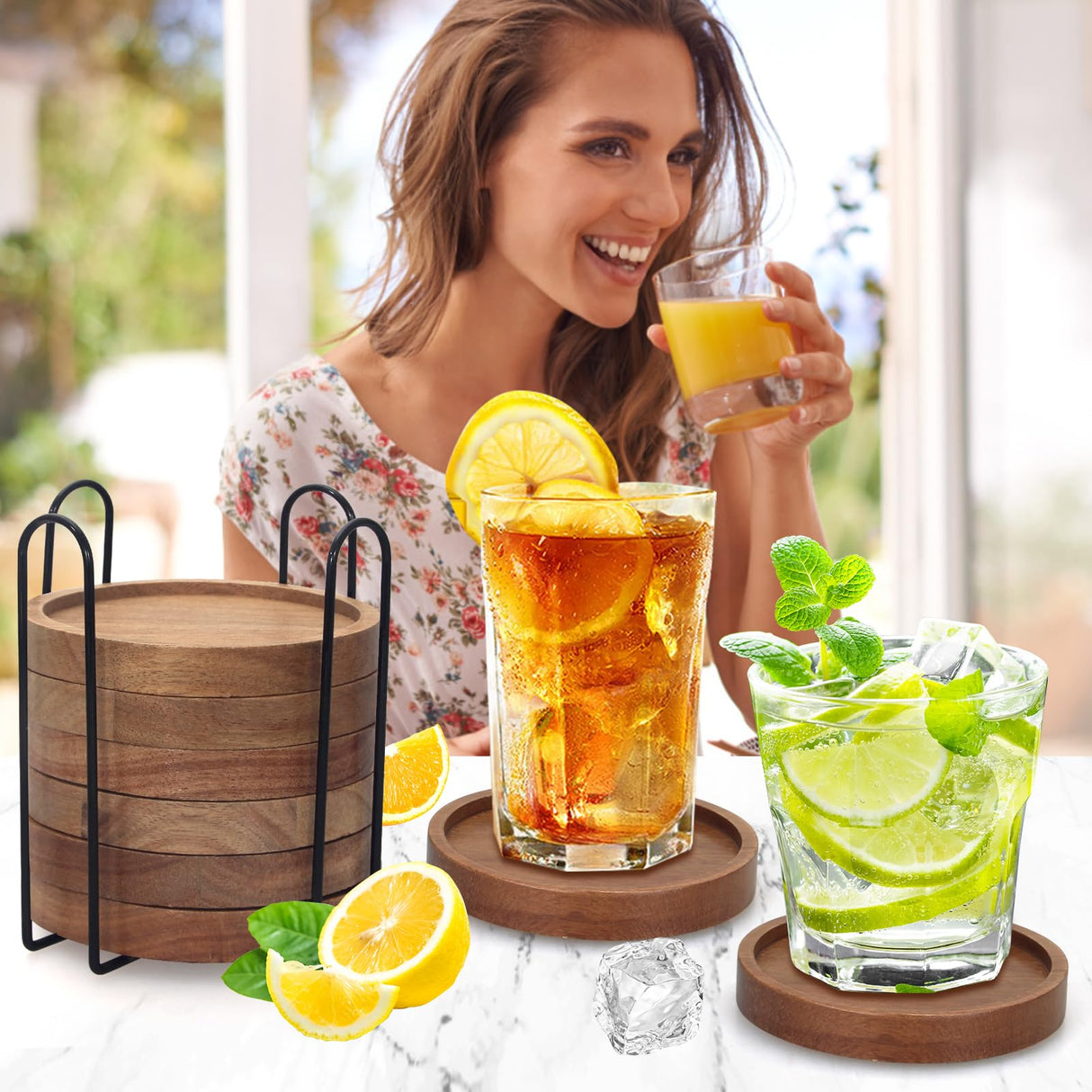 Rustic Wooden Coasters Set of 8 Farmhouse Coffee Table Decor Acacia Wood Drink Coaster with Holder Modern Outdoor Bar Cool Cup Costers Kitchen Accessories Decoration Home Dining Coasters Gift Renawe