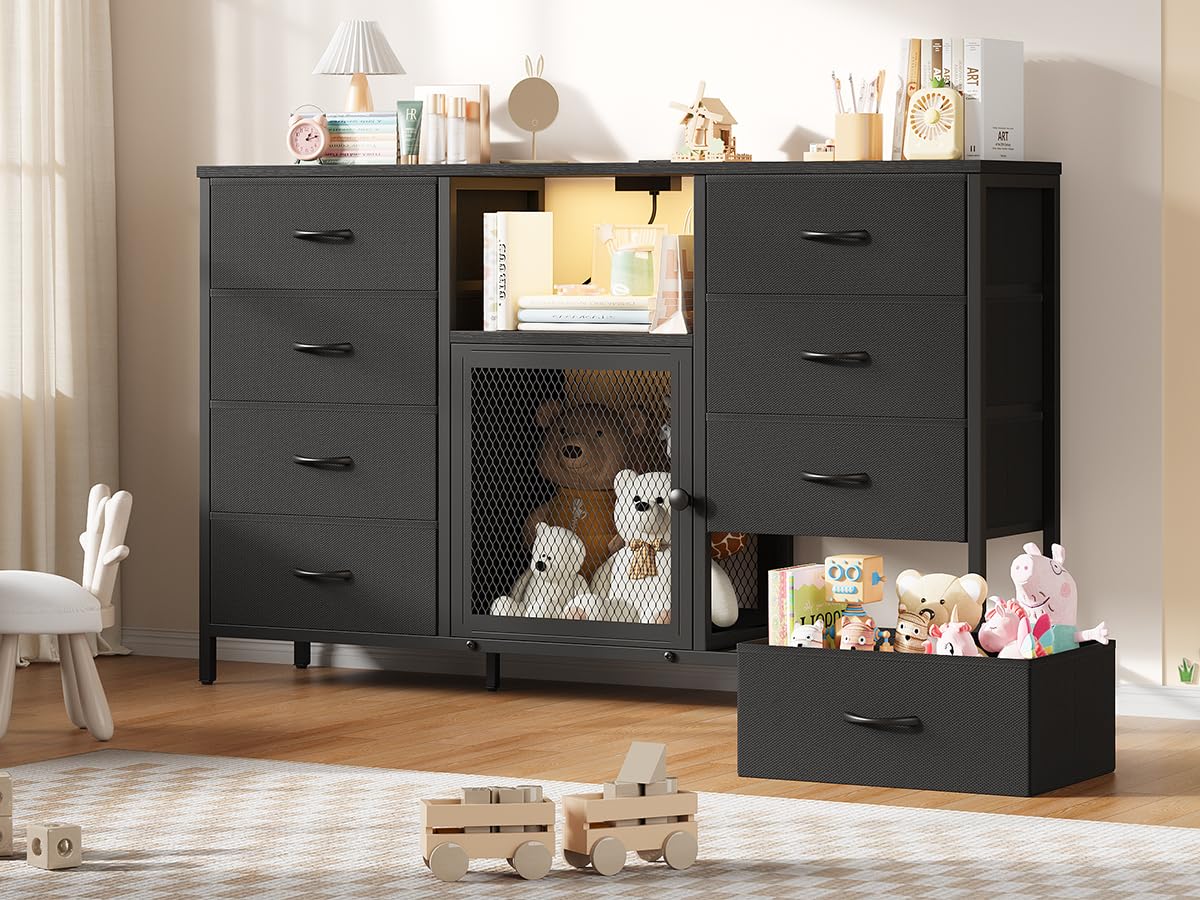 Dresser TV Stand for Bedroom for 65 inch TV with LED Lights and Charging Station, Fabric Chest of Drawers, 8 Fabric Drawers, Wood Top, Living Room, Closet Black Decofy
