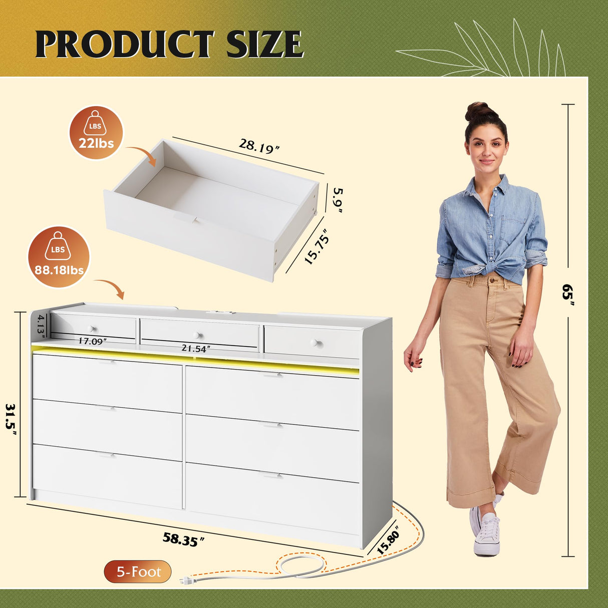 WLIVE 9 Drawer Led Dresser for Bedroom, 58.35'' White Wood Dresser Storage Organizer with Power Outlets for 65'' TV, Dressers with Open Shelves, Chest of Drawers for Closet, Living Room WLIVE