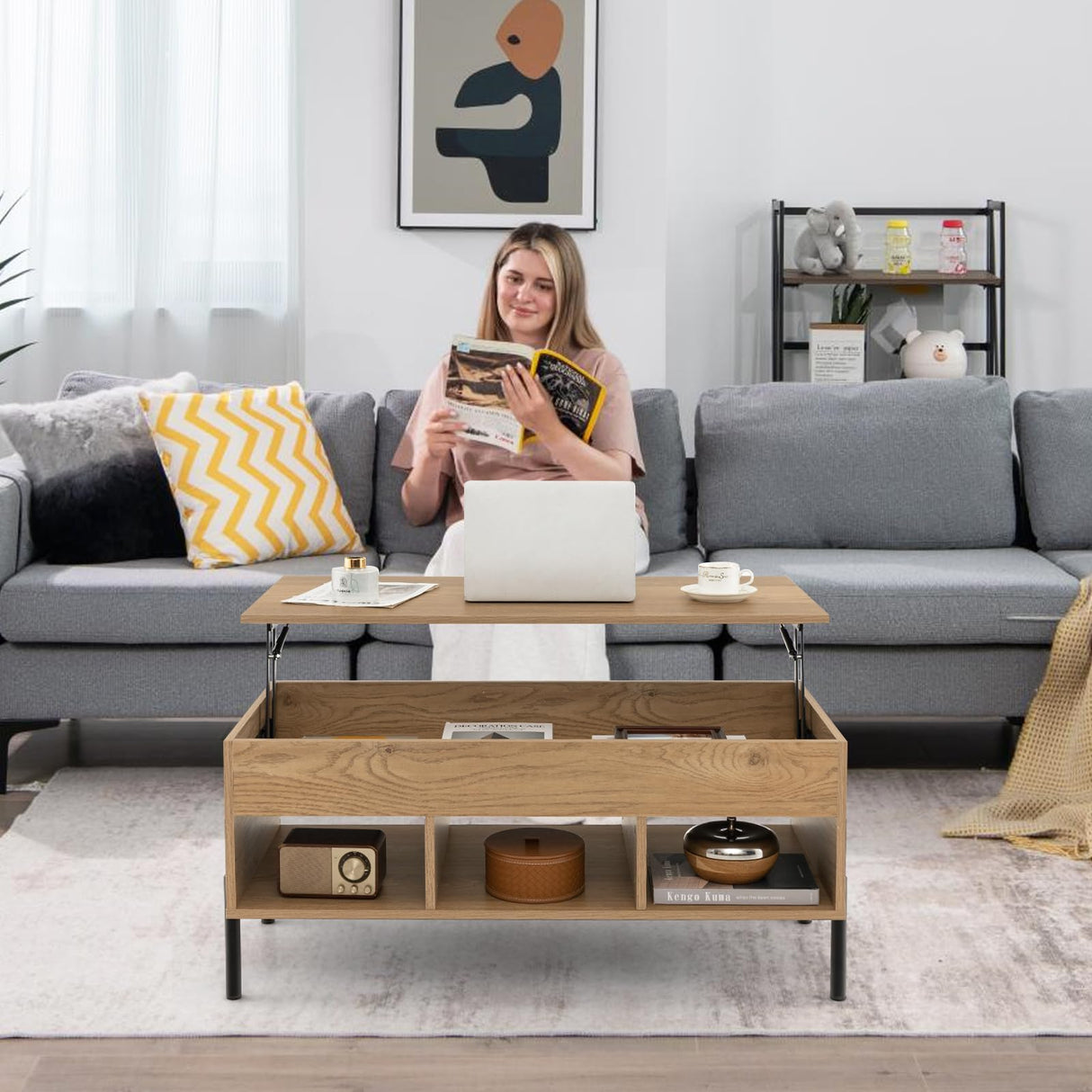 Giantex Lift Top Coffee Table - Rectangular Wooden Table w/Hidden Compartment & Open Storage Shelves, Multifunctional Modern Flip Top Center Table for Living Room, Reception Room, Office (Natural) Giantex