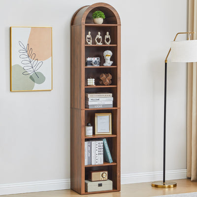 Tall Narrow Arched Bookshelf, 8-Tier Skinny Arch Bookcase for Small Space, Freestanding Storage Organizer with Adjustable Shelves, Open Display Shelves for Living Room, Entryway, Bathroom (Walnut)