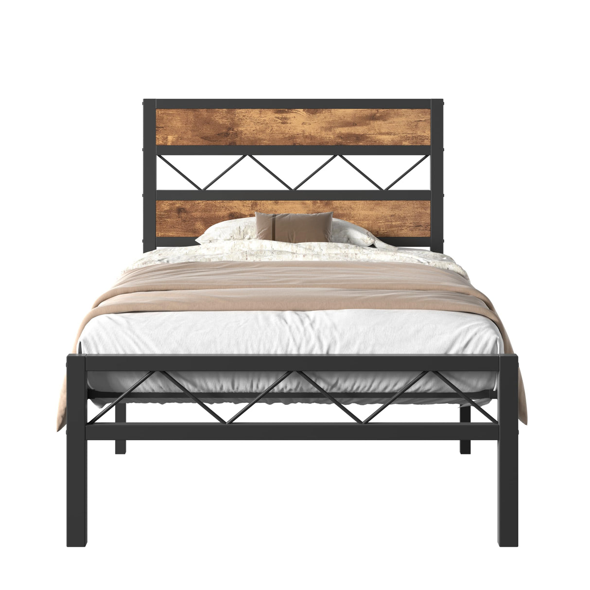 VECELO Twin Size Bed Frame with Headboard, Heavy-Duty Platform Bedframe with Metal Slats Support, No Box Spring Needed, Easy Assembly, Black & Brown VECELO