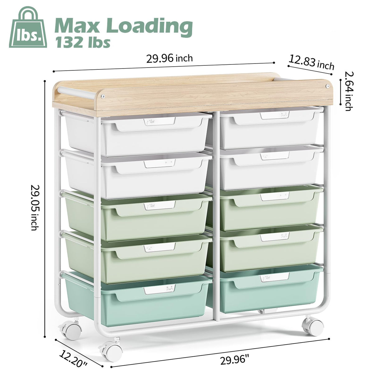 Rolling Storage Cart with 10 Large Drawers, Utility Cart with Wooden TableTop for Craft Organizers, Art Supply Storage, Home Office Organization, Cart with Wheels for Classroom, School, Green SYKIARIOL