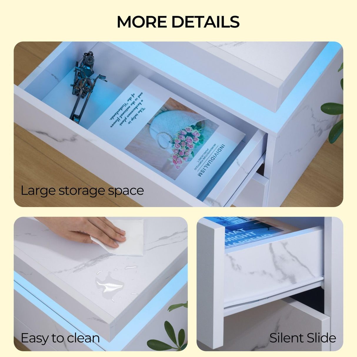 Bingoday Bedside Table with 2 Drawers, LED Nightstand Wooden Cabinet Unit with LED Lights for Bedroom, End Table Side Table for Bedroom Living Room Bingoday