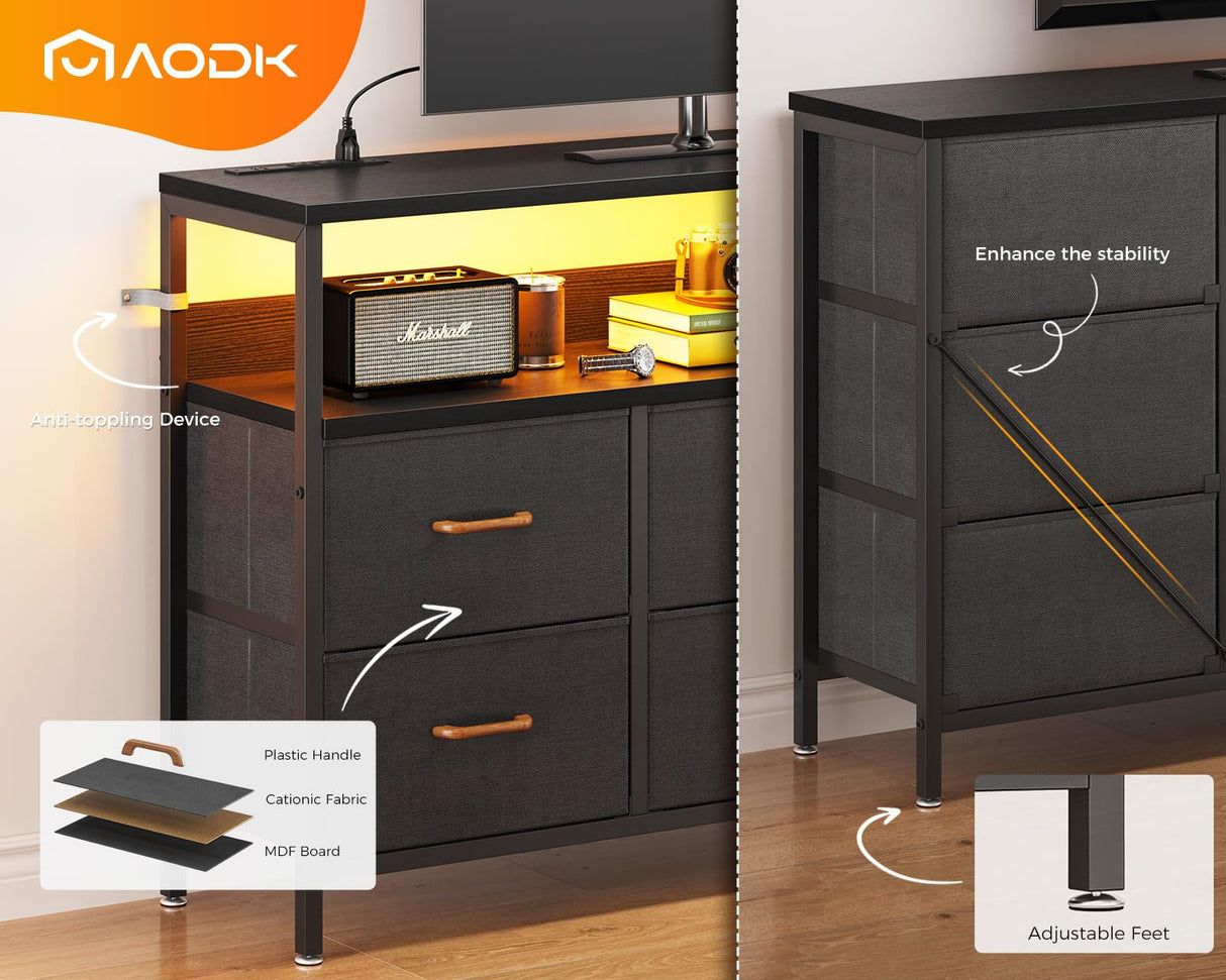 AODK Dresser with LED Lights and Power Outlet, 52-Inch Long Dresser TV Stand for Bedoom, Fabric TV Stand with 7 Large Storage Drawers and Shelves for Living Room, Black and Dark Grey AODK