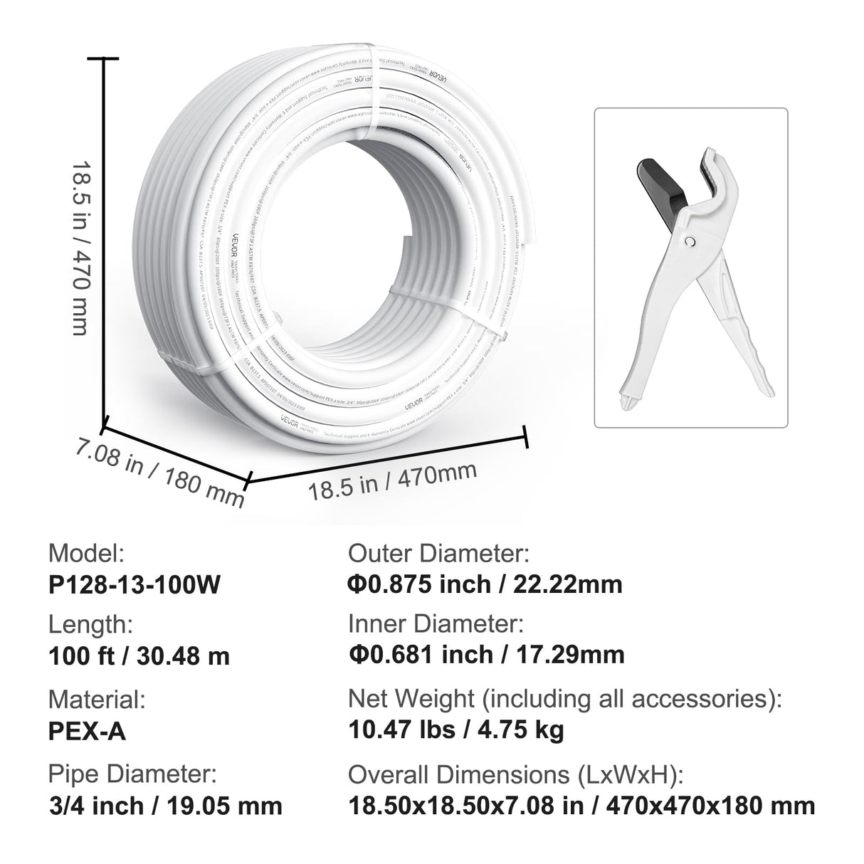VEVOR PEX Pipe 3/4 Inch, 100 Feet Non-Oxygen Barrier PEX-A Flexible Pipe Tubing for Potable Water, for Hot/Cold Water & Easily Restore, Plumbing Applications with Free Cutter,White VEVOR