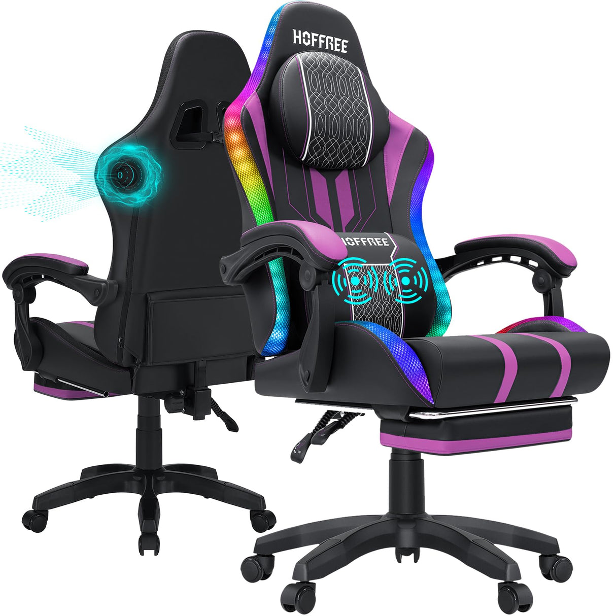 HOFFREE Led Gaming Chair Massage with Speakers Big and Tall Video Game Chair with Footrest for 400lbs Reclining High Back Computer Desk Chair Purple and Black HOFFREE