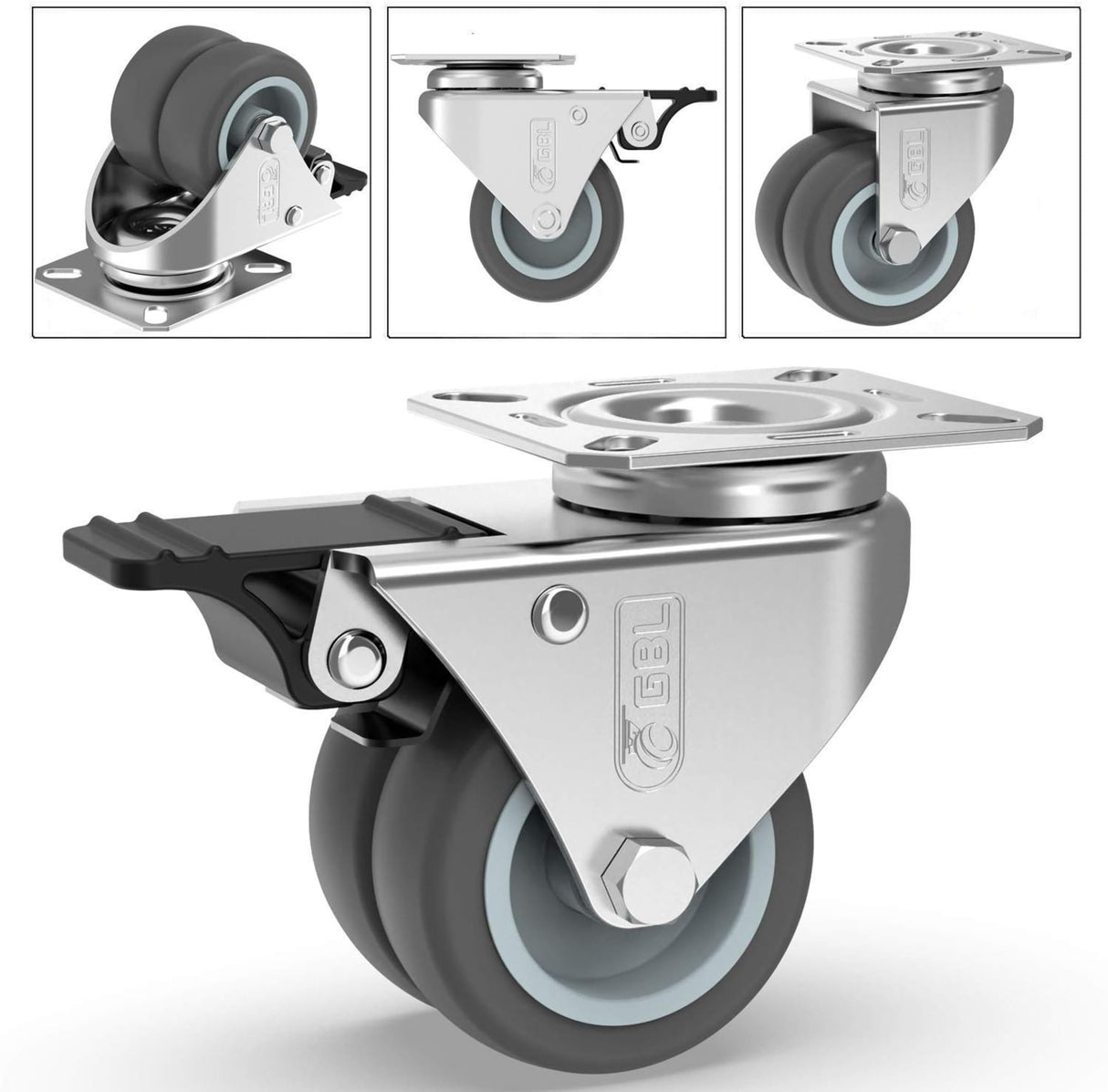 GBL 2 inch Casters Set of 4 Heavy Duty with 2 Locking Brakes + Screws - Up to 880Lbs - Swivel Caster Wheels - No Floor Marks Silent Plate Casters - Silver Castor GBL