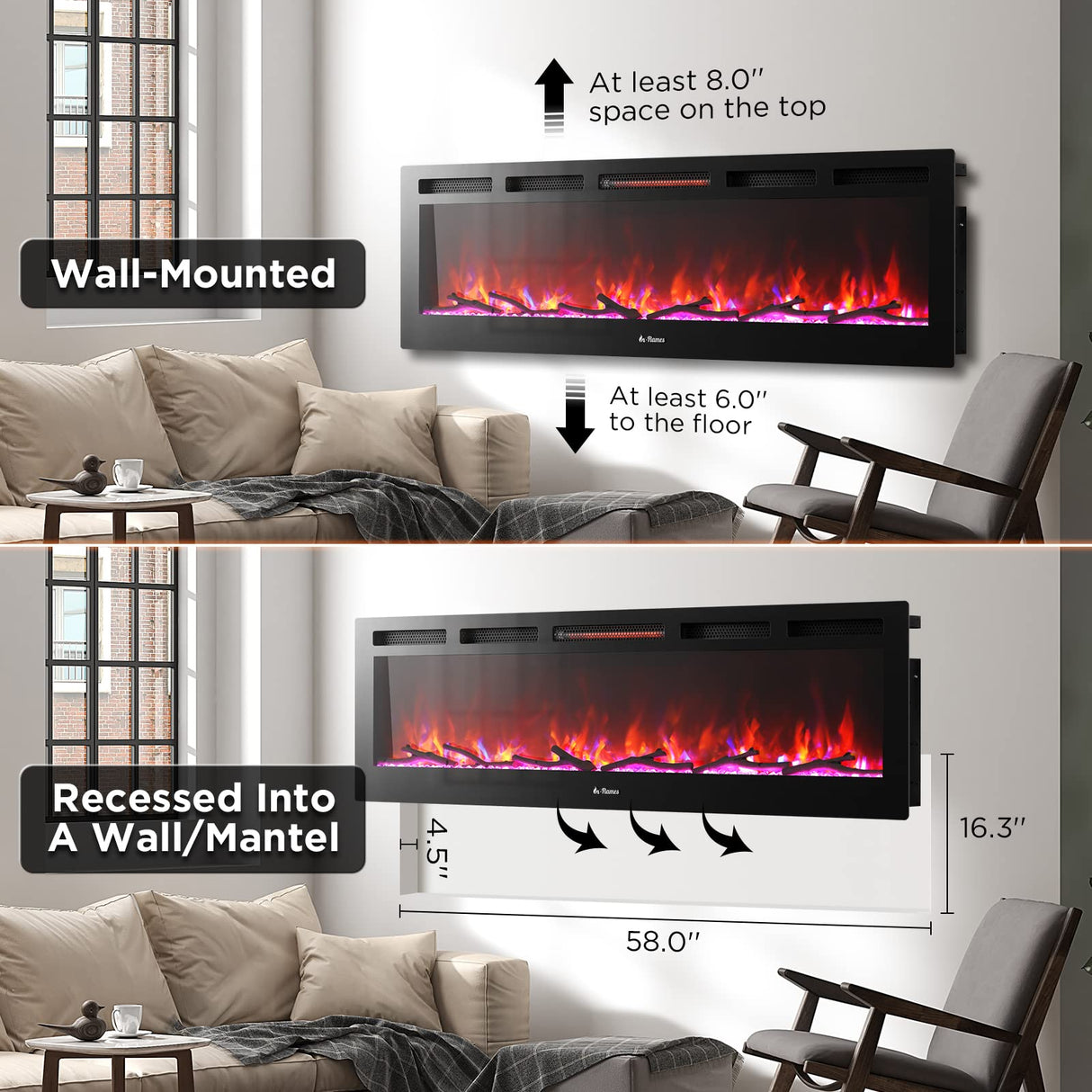 TURBRO 60” Smart WiFi Infrared Electric Fireplace with Sound Crackling and Realistic Flame, 1500W Quartz Heater, Recessed or Wall Mounted, Adjustable Flame Effects, Remote Control and App, in Flames TURBRO