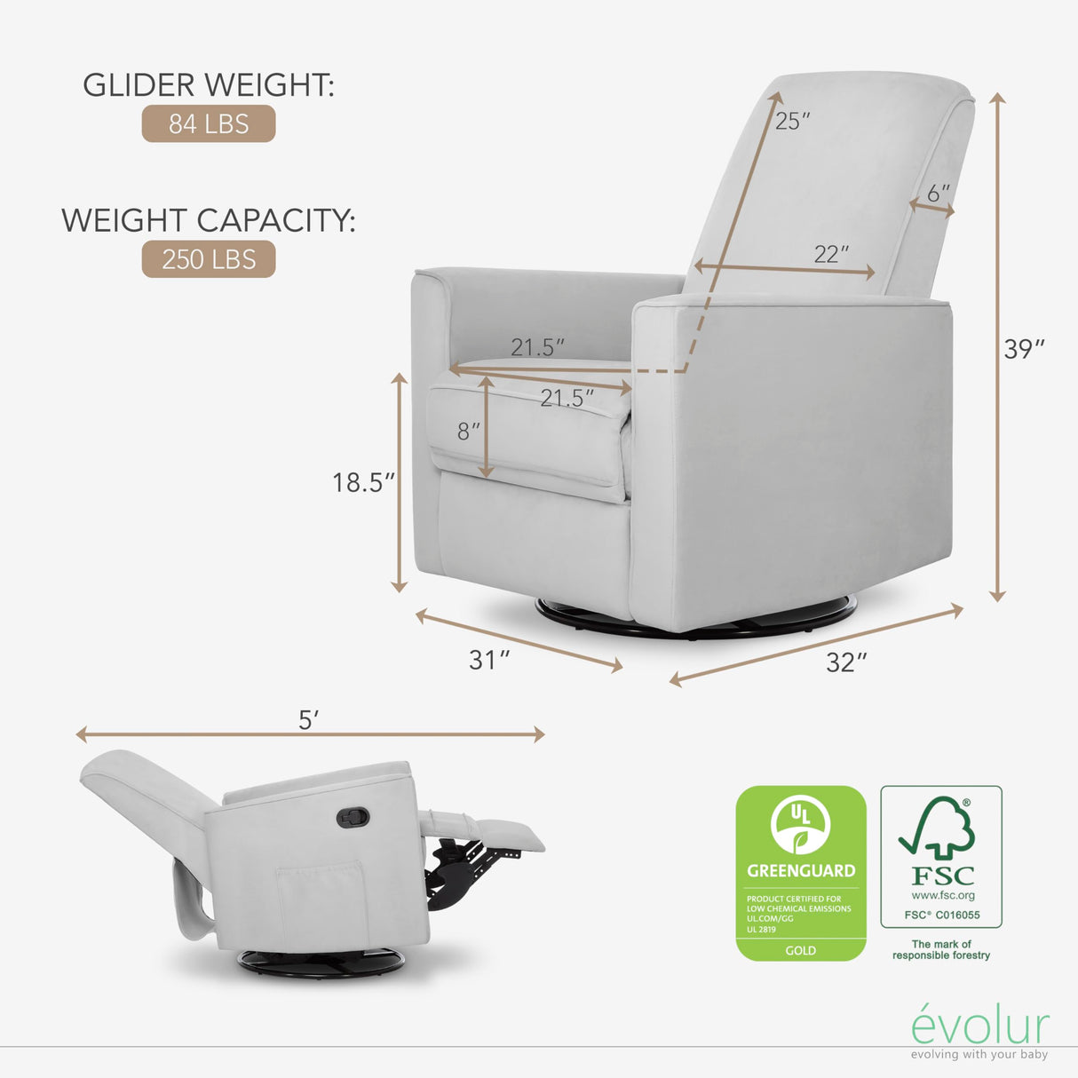 Evolur Raleigh Glider in Grey, Upholstered Plush Seating 360° Swivel Glider Rocking Chair, FSC Certified, Greenguard Gold & JPMA Certified Nursery Glider Recliner Evolur