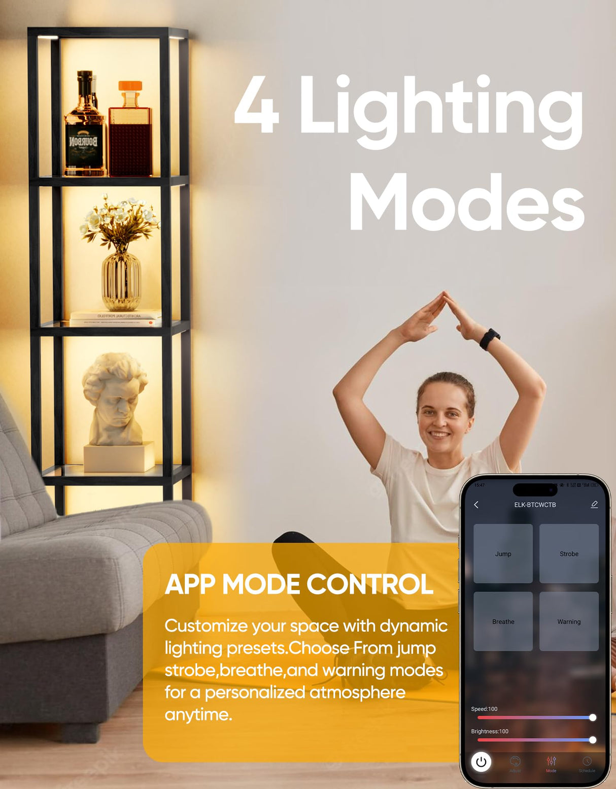 PARTPHONER Floor Lamp Glass Display Shelf with Remote/APP Control, Dimmable LED Floor Lamp with Shelves, Open Display Cabinet, Color Temp Control (2700K-6000K), Black PARTPHONER