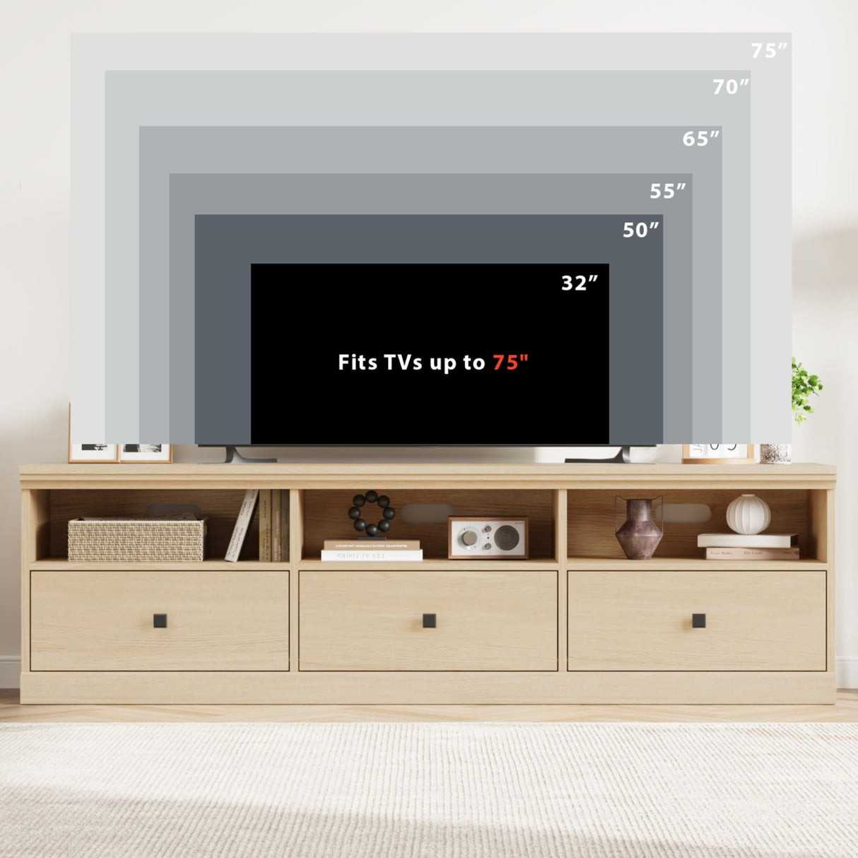 IDEALHOUSE 70in TV Stand for TVs up to 80", Mid Century Modern Entertainment Center with Storage Drawer and Open Shelves, TV Console Media Cabinet for Living Room, Bedroom (Light Oak) IDEALHOUSE