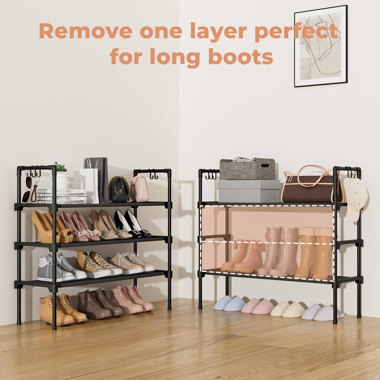 LANTEFUL 3 Tier Shoe Rack for Closet, Shoe Organizer with 5 Hooks, Long Shoe Shelf Storage for Shoe and Boot Stackable Free Standing Shoe Rack for Entryway, Garage, Small Spaces, Dorm, Black LANTEFUL