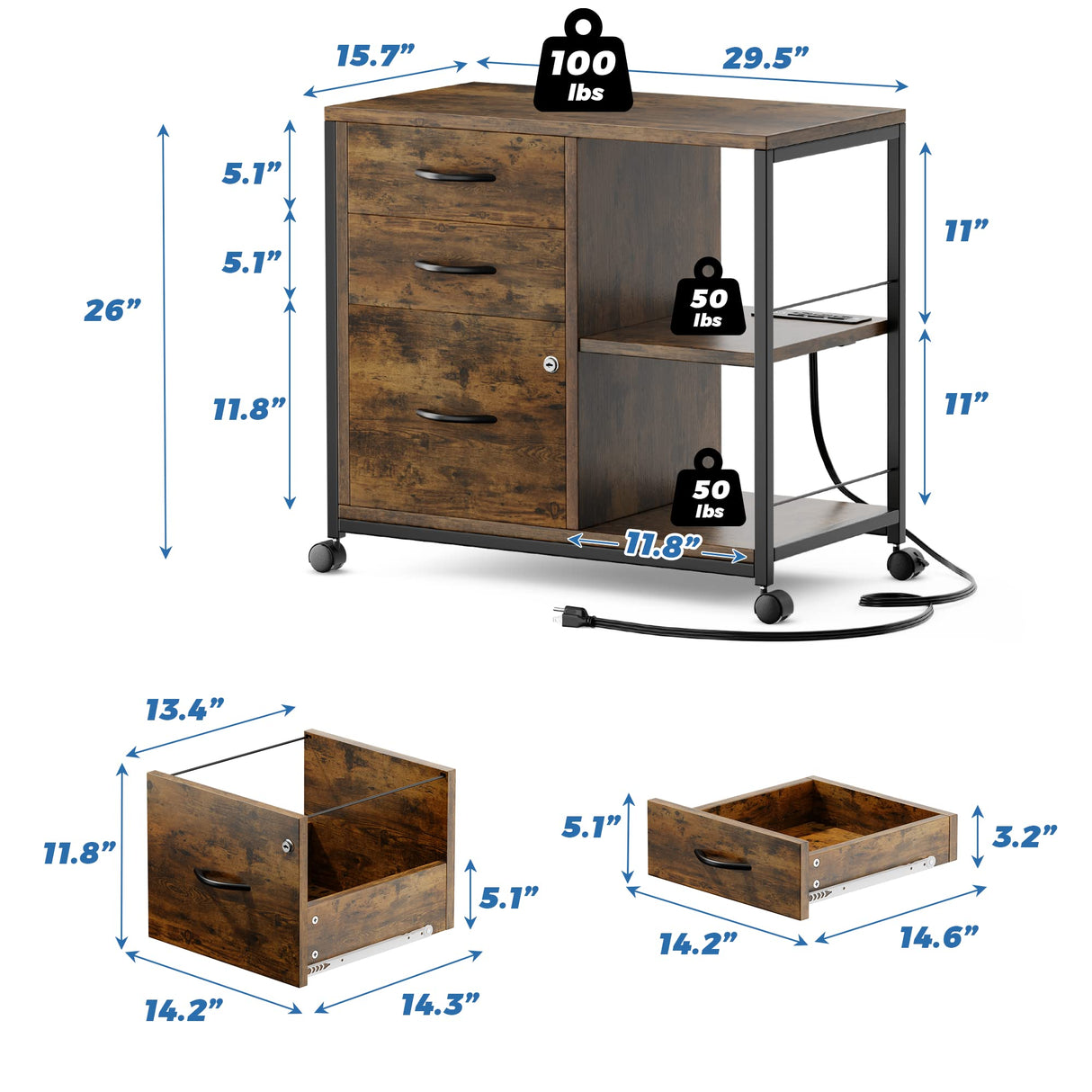 Lulive File Cabinet for Home Office, Filing Cabinet with Lock and USB Charging Port, 3 Drawer File Cabinet, Rolling File Cabinet with Storage for A4, Letter Size, Rustic Lulive