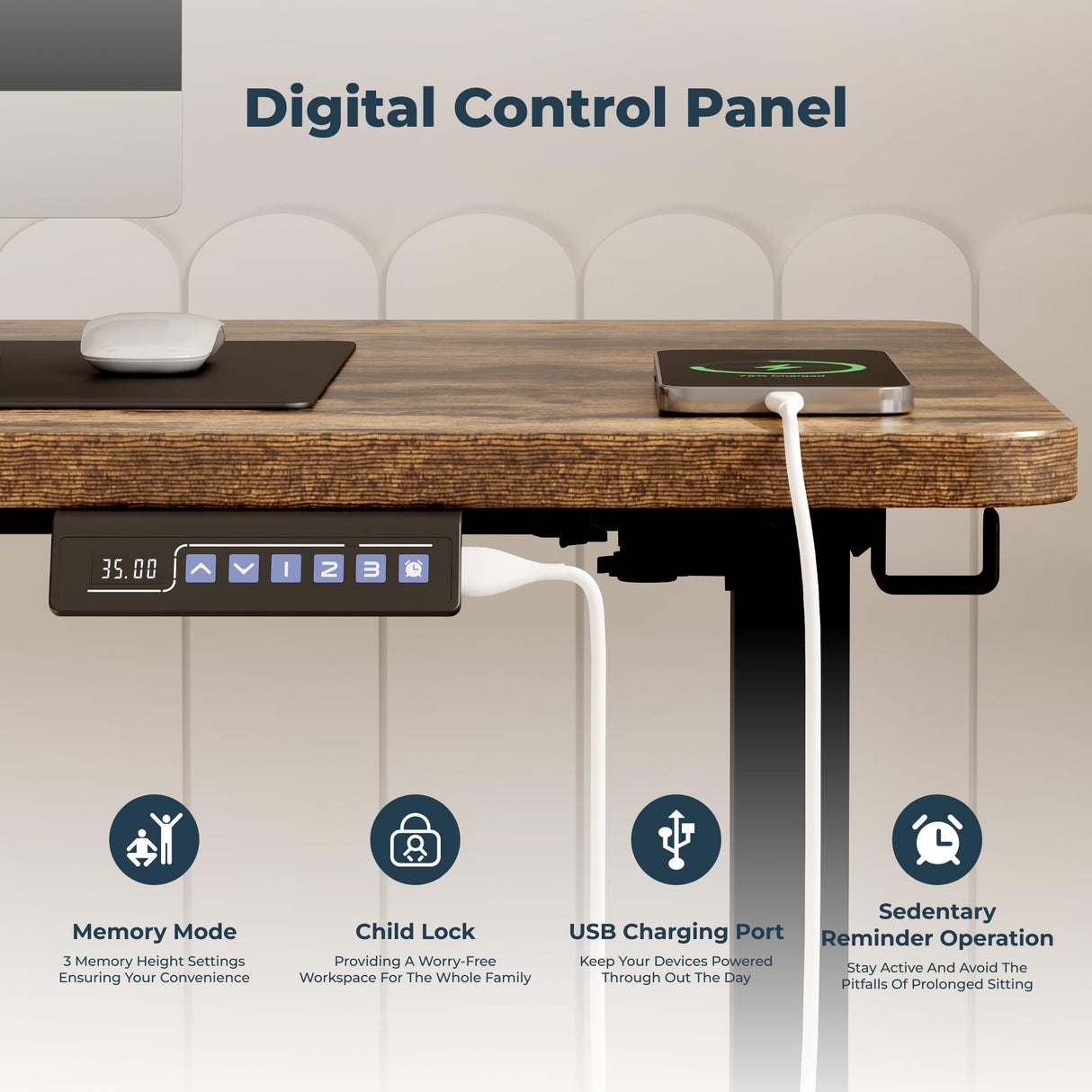 FitStand Adjustable Stand Up Desk Standing Desk, 55x24 Inches Home Office Desk with Memory Preset & Charging USB Port & Sedentary Reminder, Computer Workstation with Headphone Hook FitStand
