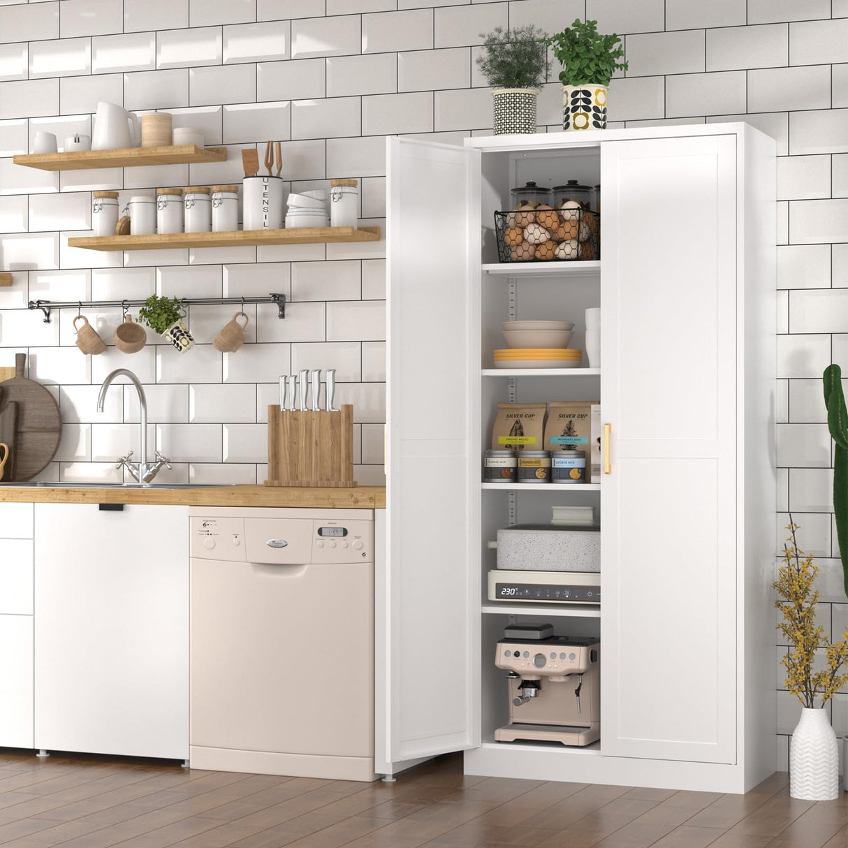 Polup White Kitchen Pantry Cabinet, Pantry Storage Cabinet with Doors and Adjustable Shelves, Metal Food Pantry Cabinets with Handle, 71" Tall Freestanding Cupboard for Living Room-Assemble Required Polup