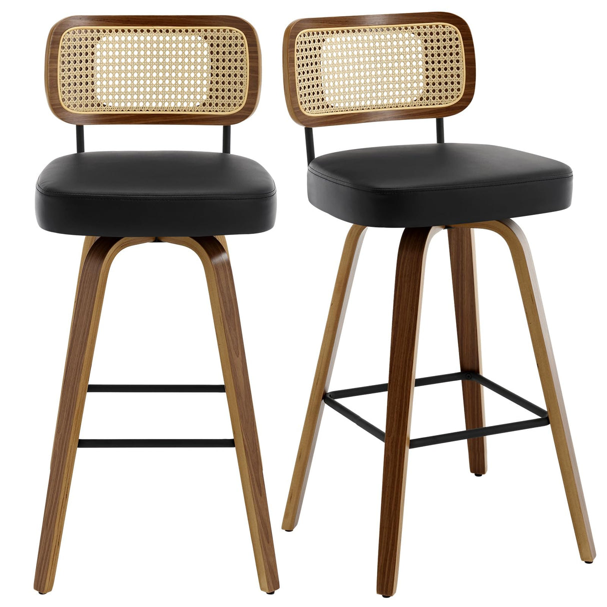 Bekrvio 29" Swivel Bar Stools Set of 2 with Rattan Back, Upholstered Faux Leather, Walnut Bentwood Frame in Black Bekrvio